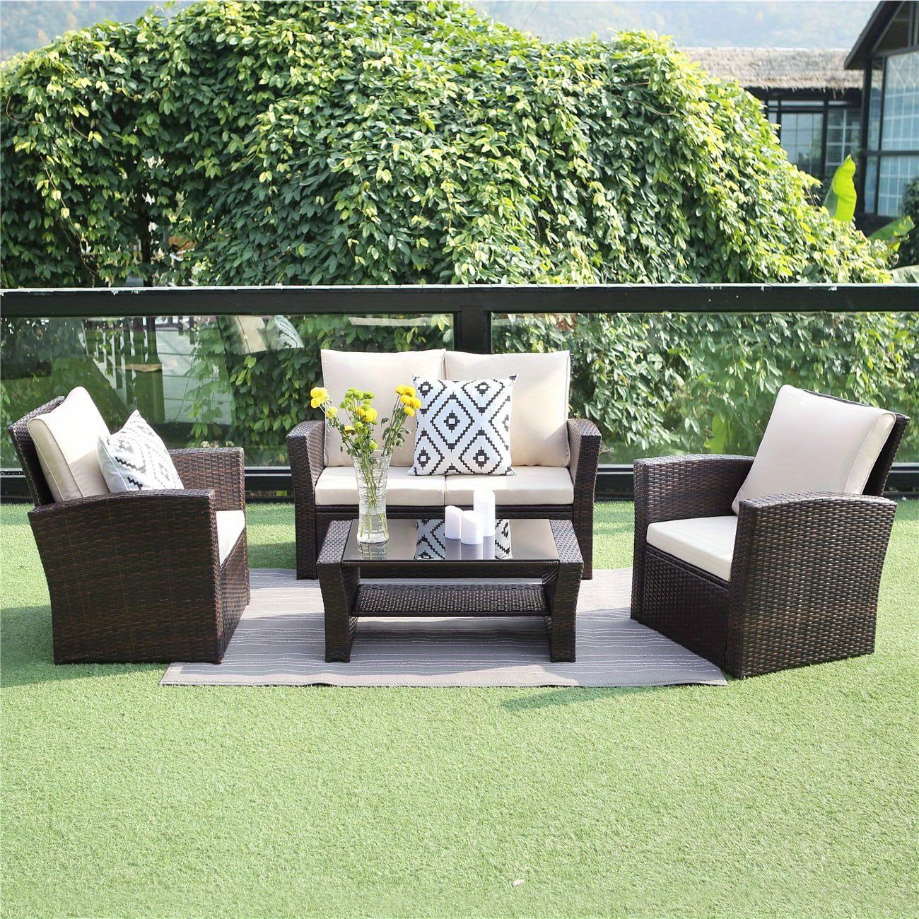 

Royalcraft 4 Piece Outdoor Patio Furniture Sets, Wicker Conversation Set For Porch Deck, Gray Rattan Sofa Chair With Cushion