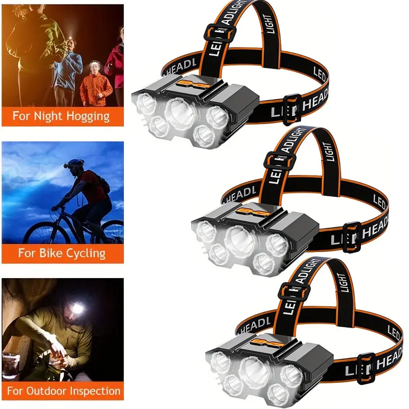 

3pc 5 Led Headlamp, Rechargeable With Built In 18650 Battery Strong Light Headlight, Camping Adventure Fishing Head Light Flashlight