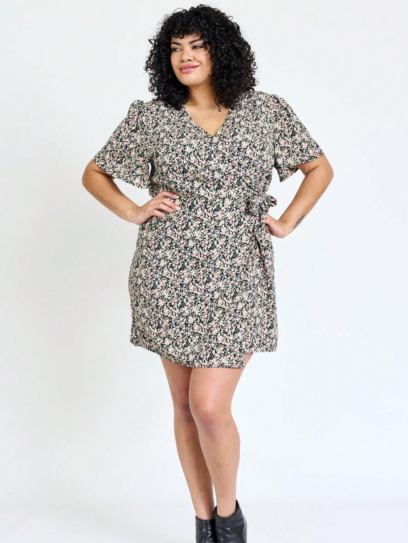 black yellow ditsy floral puff short sleeve wrap tie - Temu