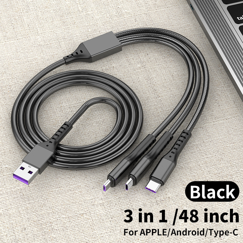 

1pc Multi Charging Cable 4ft 3 In 1 Nylon Braided Multiple Usb Fast Charger Cord Adapter Type C Micro Usb Port Connectors Compatible Cell Phones Tablets And More