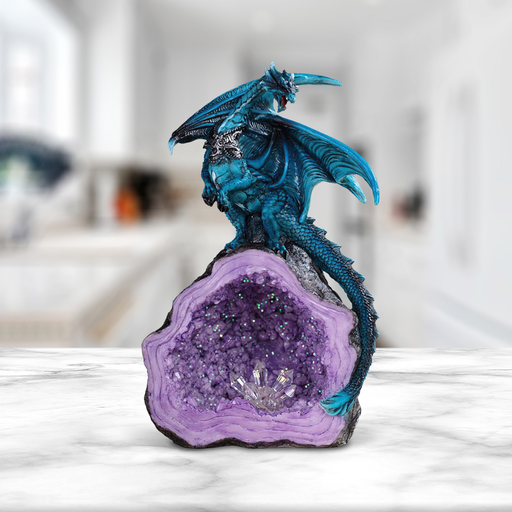 

8"h Blue Dragon Guarding Purple Faux Crystal Cave Figurine Statue Home/room Decor And Perfect Gift Ideas For House Warming, Holidays And Birthdays Great Collectible Addition