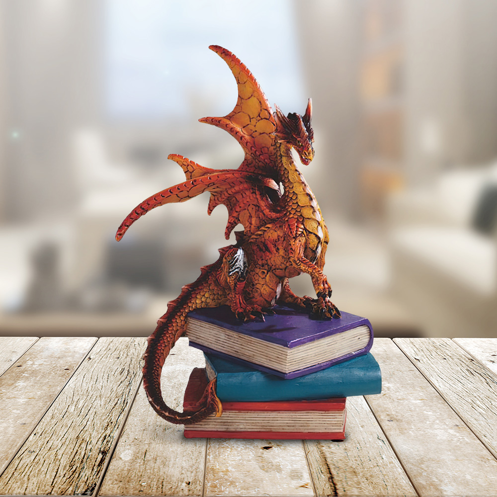 

6"h Red/orange Volcano Dragon Standing On Pile Of Books Figurine Statue Home/room Decor And Perfect Gift Ideas For House Warming, Holidays And Birthdays Great Collectible Addition