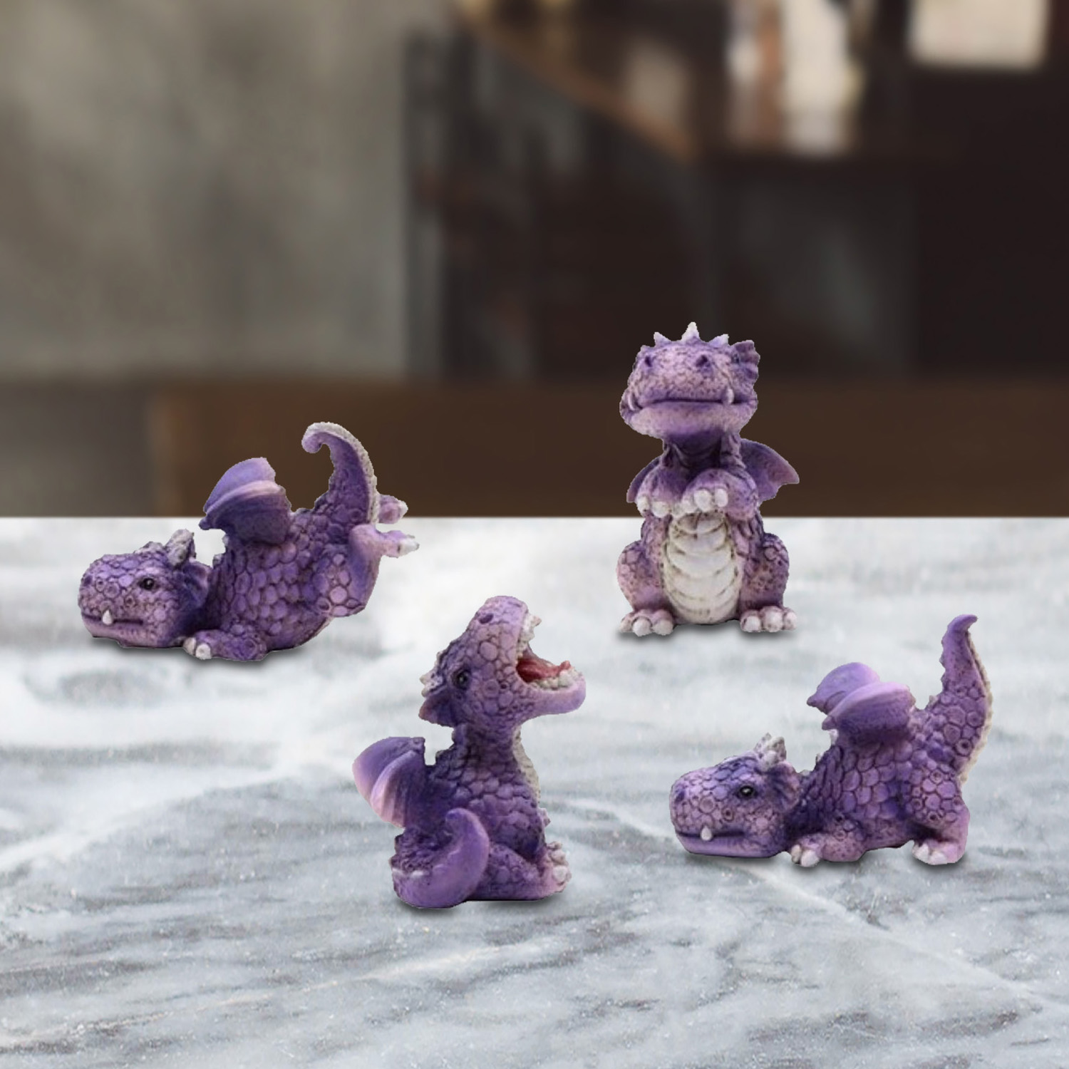 

4-pc Cute Purple Mini Baby Dragons 4.25"w Figurine Set Statue Home/room Decor And Perfect Gift Ideas For House Warming, Holidays And Birthdays Great Collectible Addition