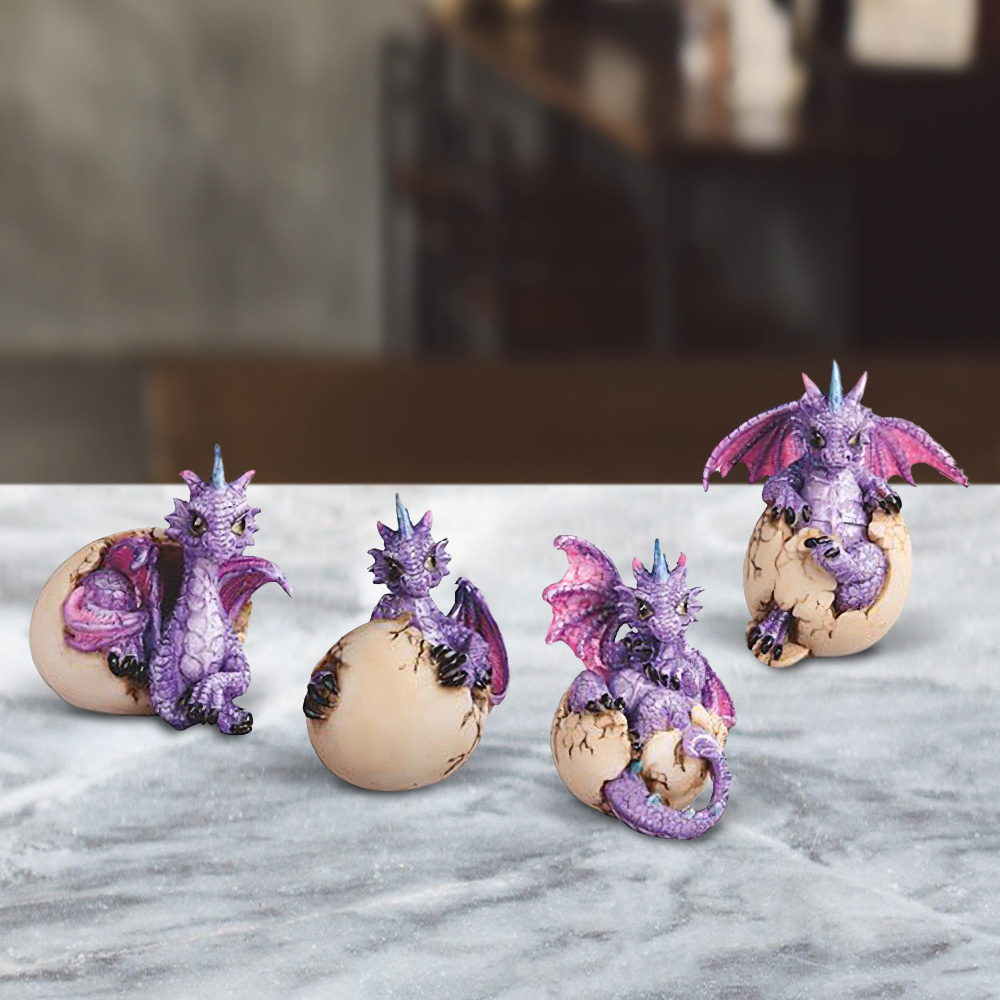 

4-pc 3"h Set Purple Dragon Baby In Egg Figurine Statue Home/room Decor And Perfect Gift Ideas For House Warming, Holidays And Birthdays Great Collectible Addition