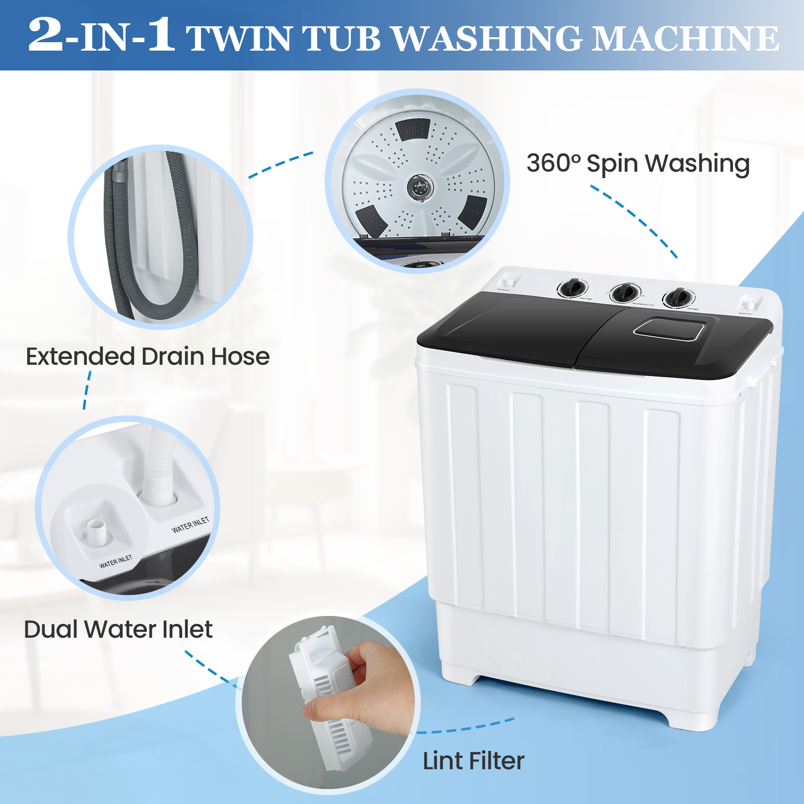 30lbs portable washer twin tub washer and dryer combo laundry washing machine semi auto washer machine with wash dehydration 19lbs washer 11lbs spinner laundry appliances for home apartment dorms rv ship cabins offices bathroom balcony details 1