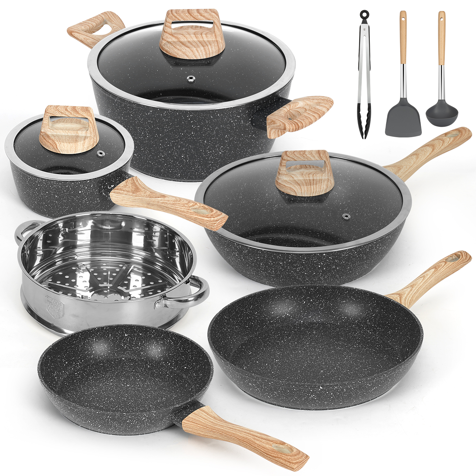 

12-piece Pot And Pan Set, Non-stick Pan, 12-piece Kitchen Cookware Set, Cooking Set, Including Frying Pan, Pan, Steamer, Silicone Spatula And Tongs (black)