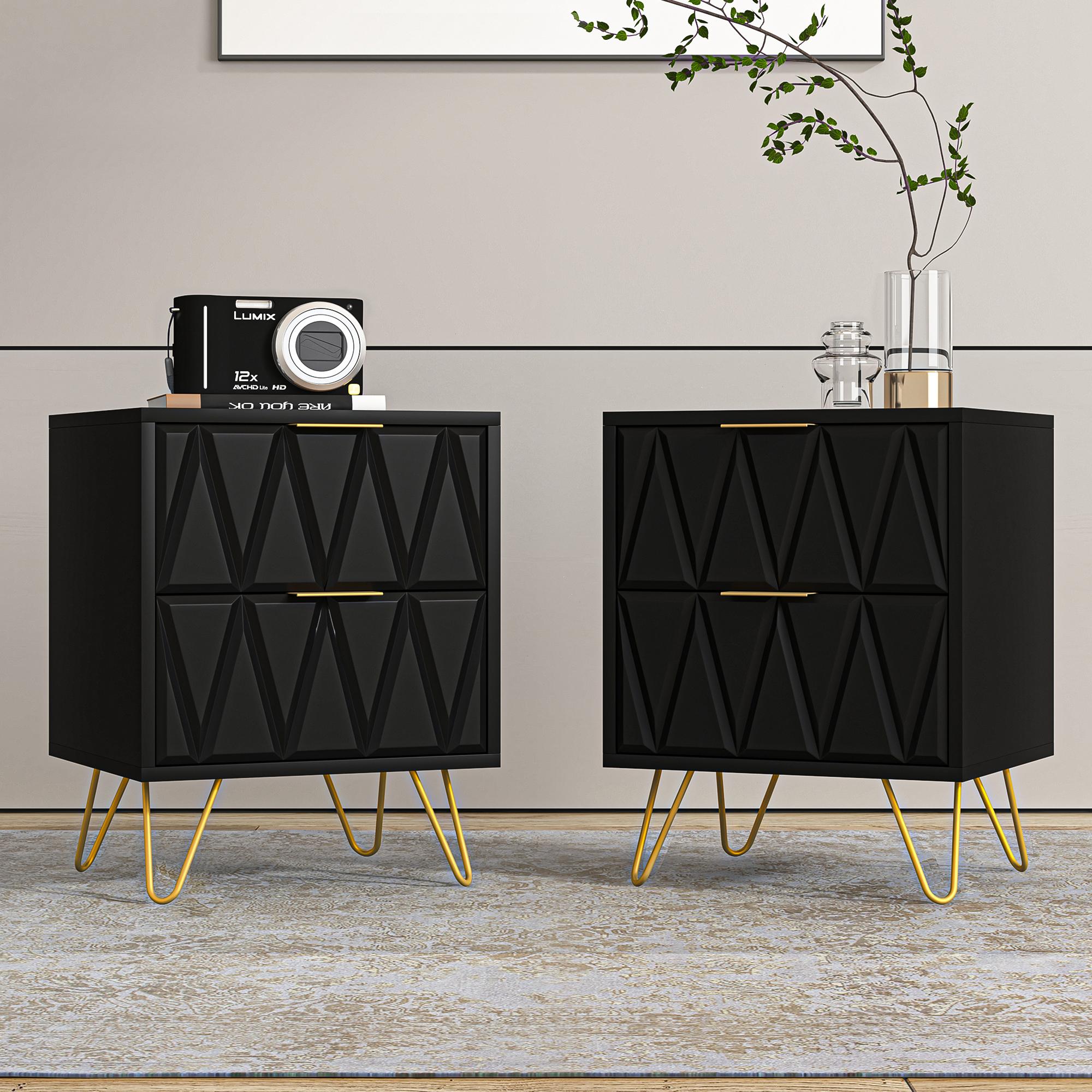 

Black Nightstand Set Of 2, Modern End Side Table Bedside Table With 2 Drawers, Night Stand With Gold Legs For Living Room,bedroom