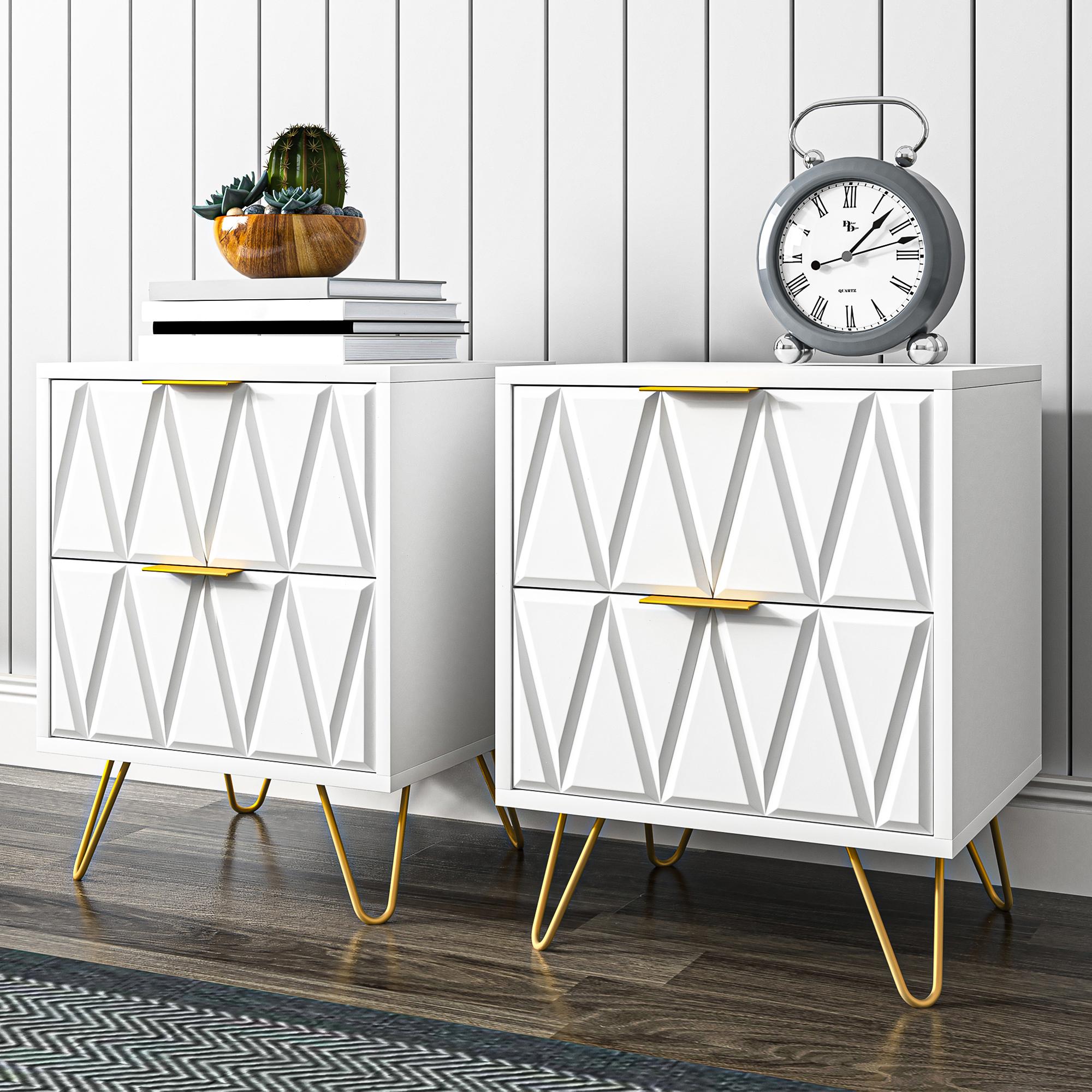 

White And Gold Nightstand Set Of 2,modern Bedside Tables With 2 Drawer For Bedroom,end Side Table With Gold Legs For Living Room,white Night Stand For Bedroom