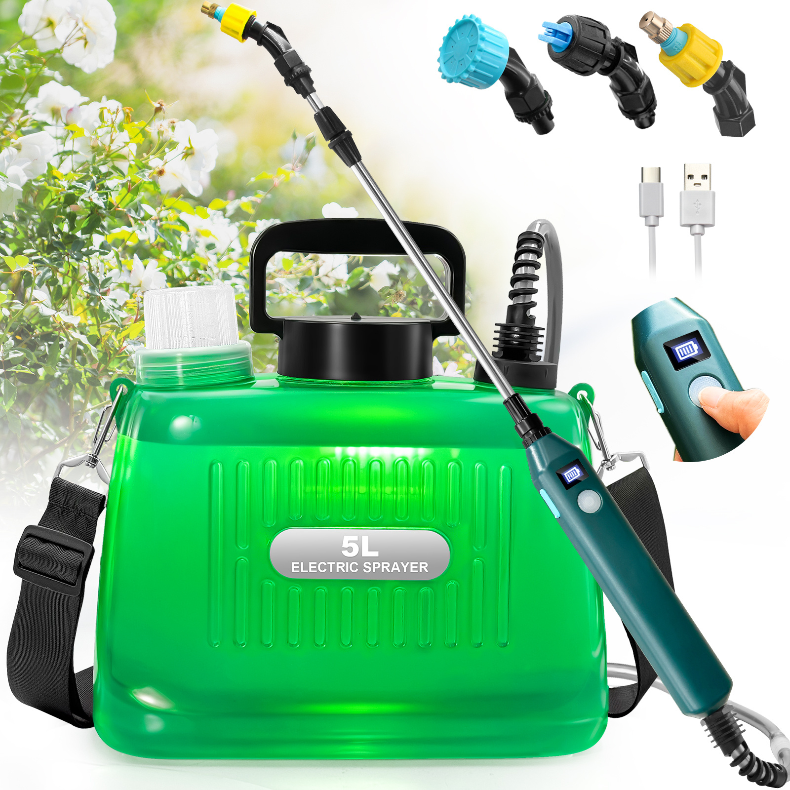 

Upgraded 1.35 Gallon Electric Garden Sprayer With Battery Indicator, 23.6" Telescopic Wand, Battery Powered Sprayer, 3 Mist Nozzles, Shoulder Type Sprayer For Yard, Lawn And Garden