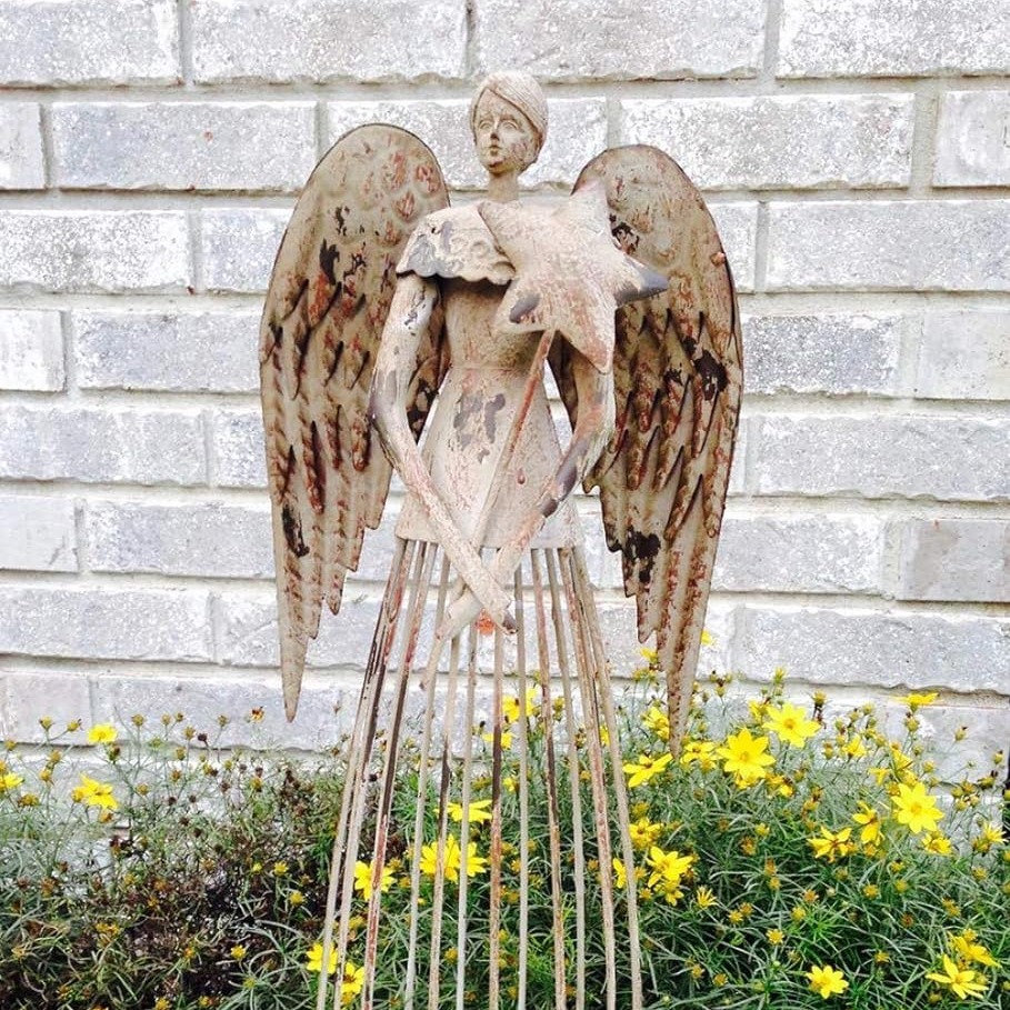 26 inch tall antiqued metal garden angel statue star wand - Temu