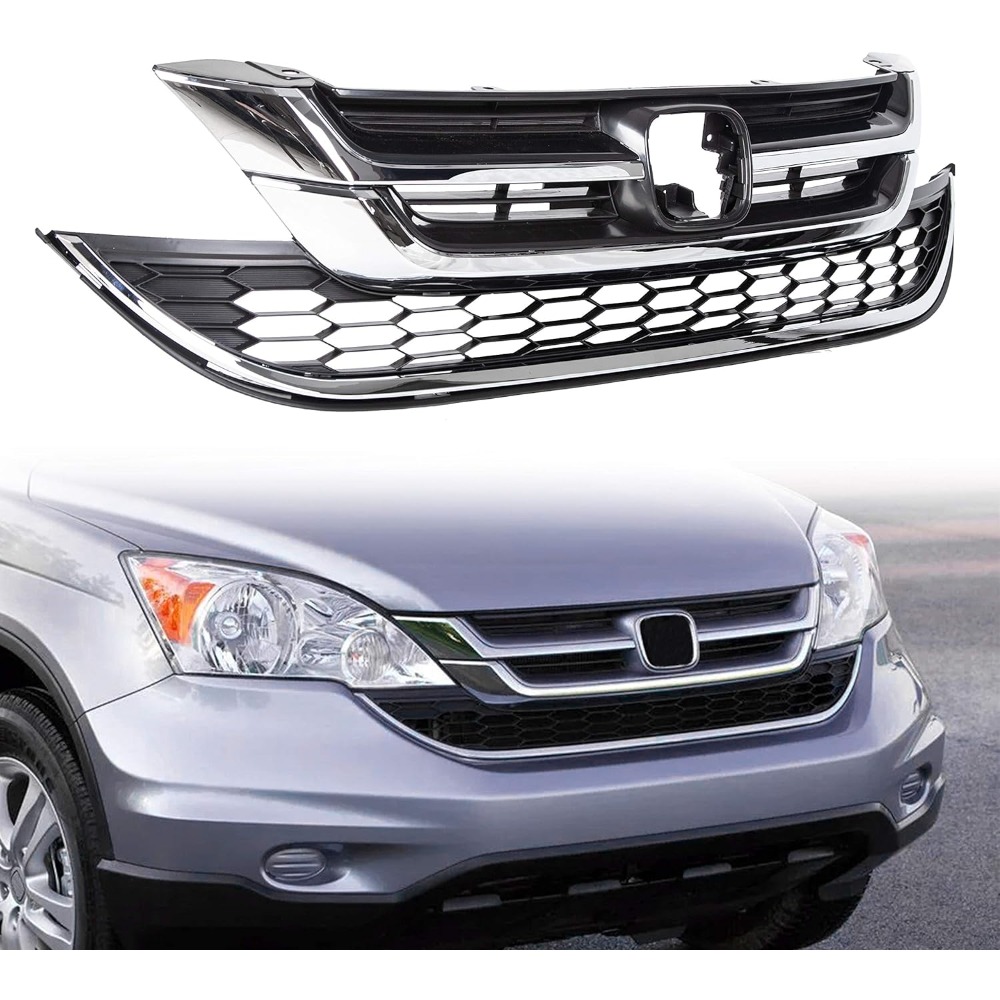 

Front Upper Bumper & Lower Mesh Chrome Grille Compatible With 2010-2011 Honda Crv Cr-v