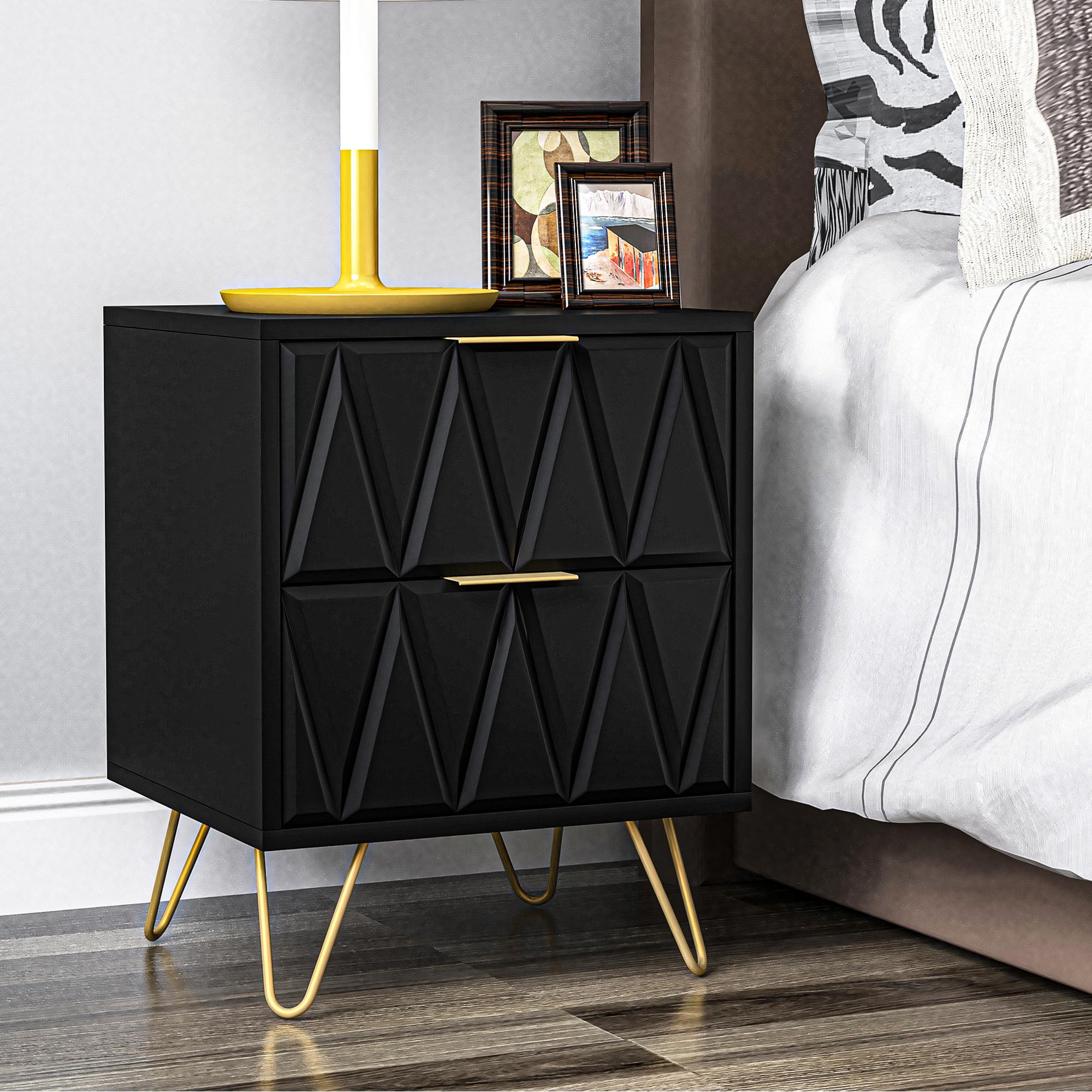 

Black Nightstand, Modern Bedside Table With 2 Drawers For Bedroom, End Side Table Night Stand With Gold Legs For Living Room