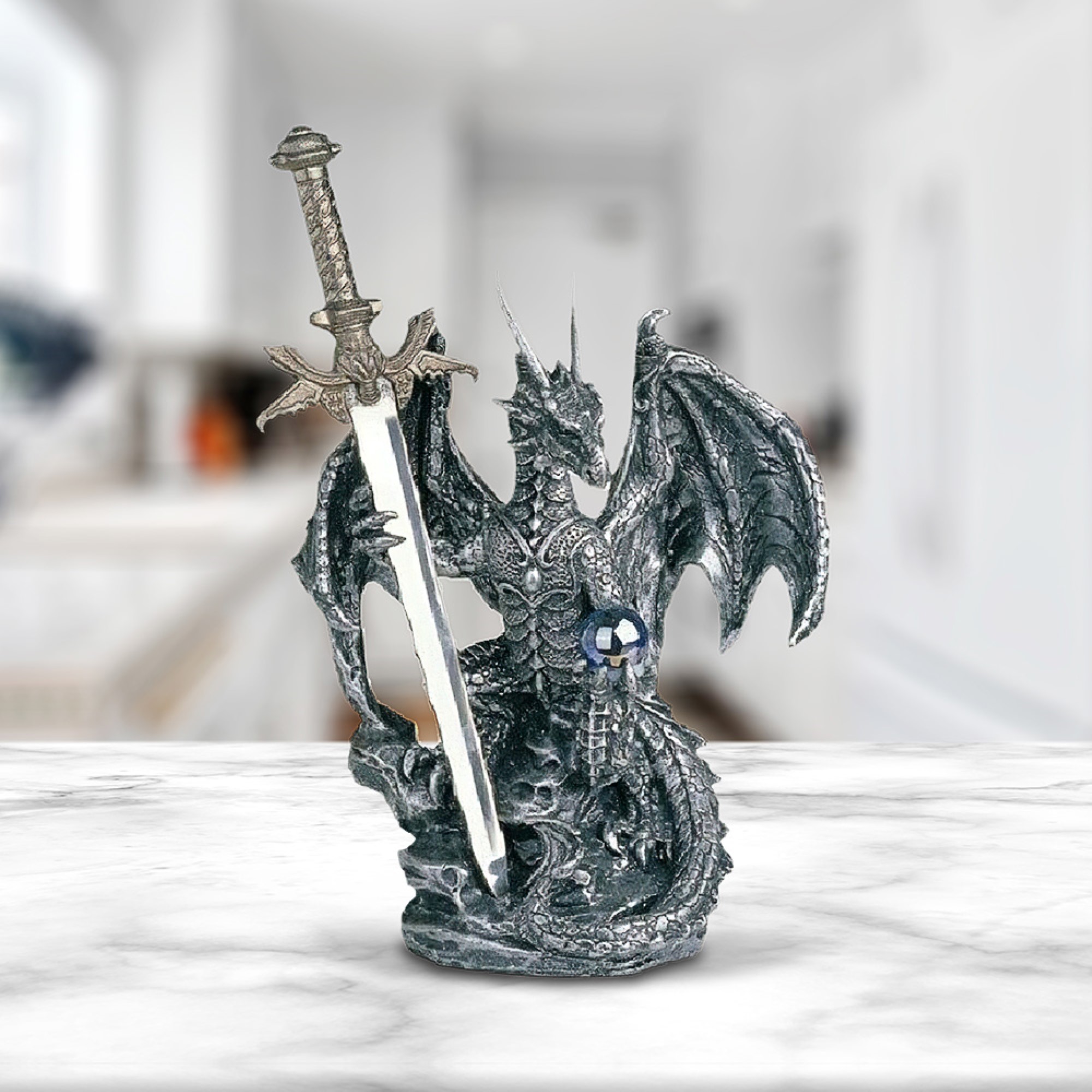 

5"h Medieval Silver Dragon Holding Blue Gemstone And Sword Guardian Figurine Statue Home/room Decor And Perfect Gift Ideas For House Warming, Holidays And Birthdays Great Collectible Addition