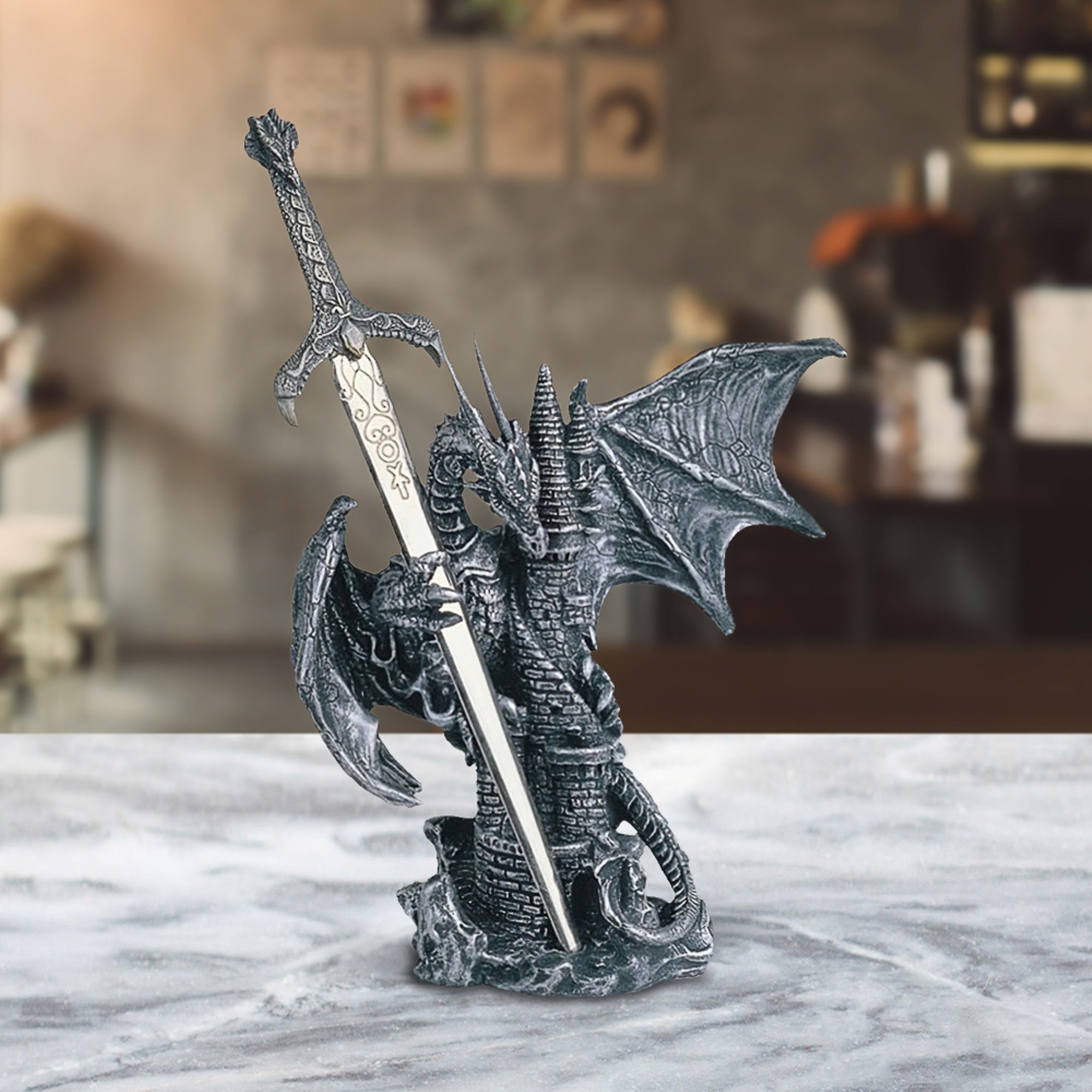 

5"h Medieval Silver Dragon On Castle With Sword Figurine Statue Home/room Decor And Perfect Gift Ideas For House Warming, Holidays And Birthdays Great Collectible Addition