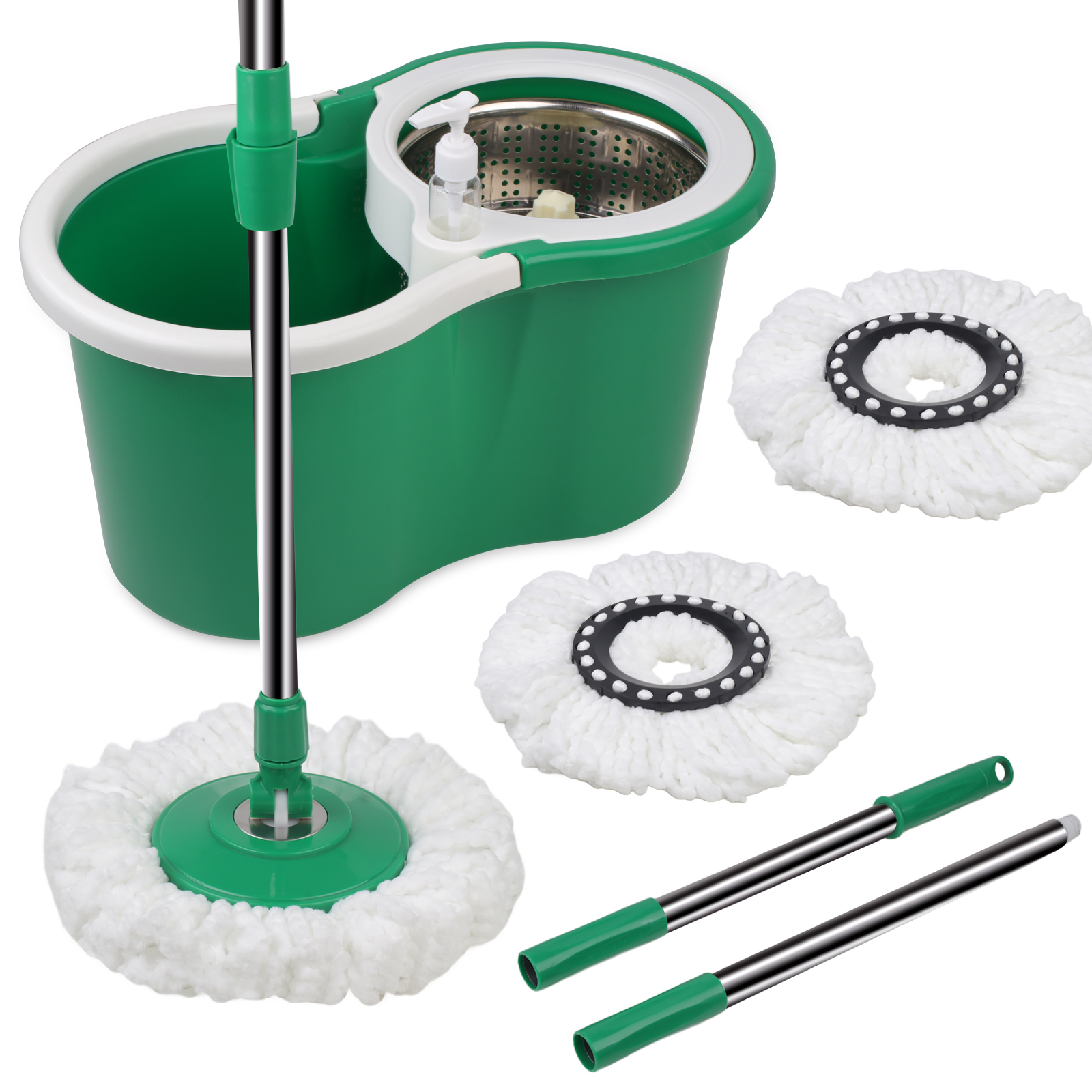 

Spin Mop System - Mop And Bucket With Wringer Set For Floor Cleaning - 3 Total Mop Heads Included, Green