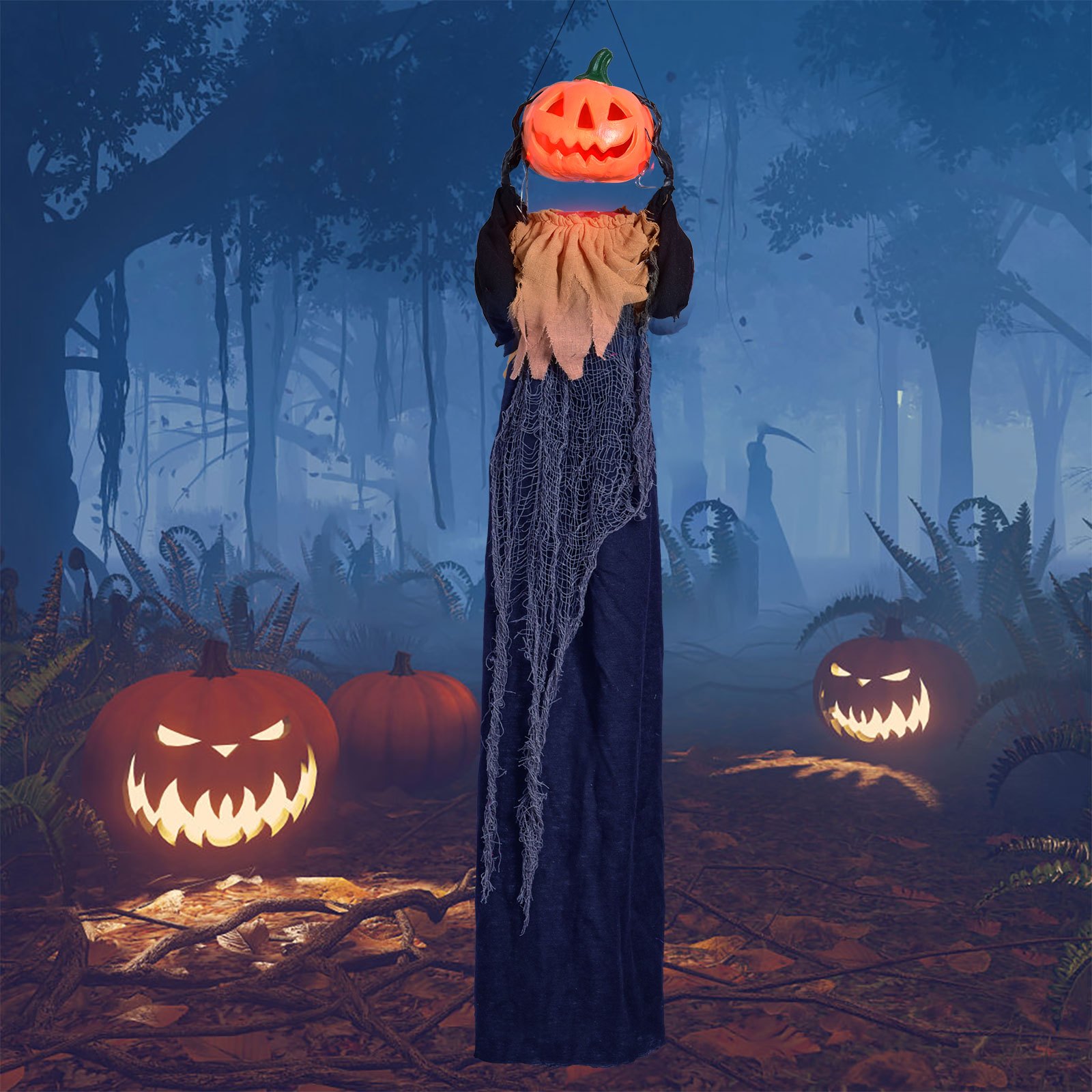 

47.2" Halloween Hanging Pumpkin Man Grim Reaper,animated Halloween Decorations With Sound & Light, Scary Creepy Spooky Props Perfect Halloween Dcor For Indoor Outdoor Haunted House