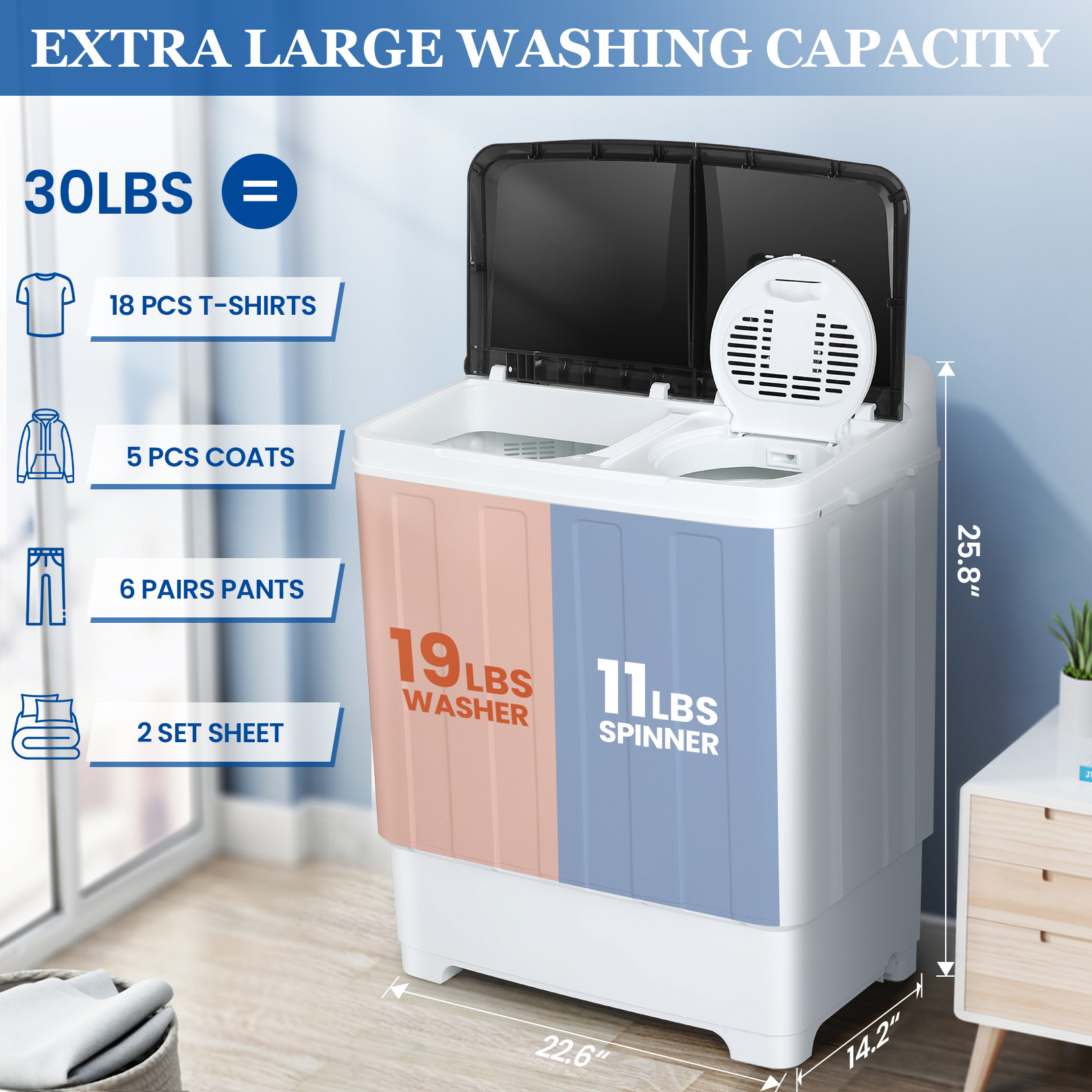 30lbs portable washer twin tub washer and dryer combo laundry washing machine semi auto washer machine with wash dehydration 19lbs washer 11lbs spinner laundry appliances for home apartment dorms rv ship cabins offices bathroom balcony details 2