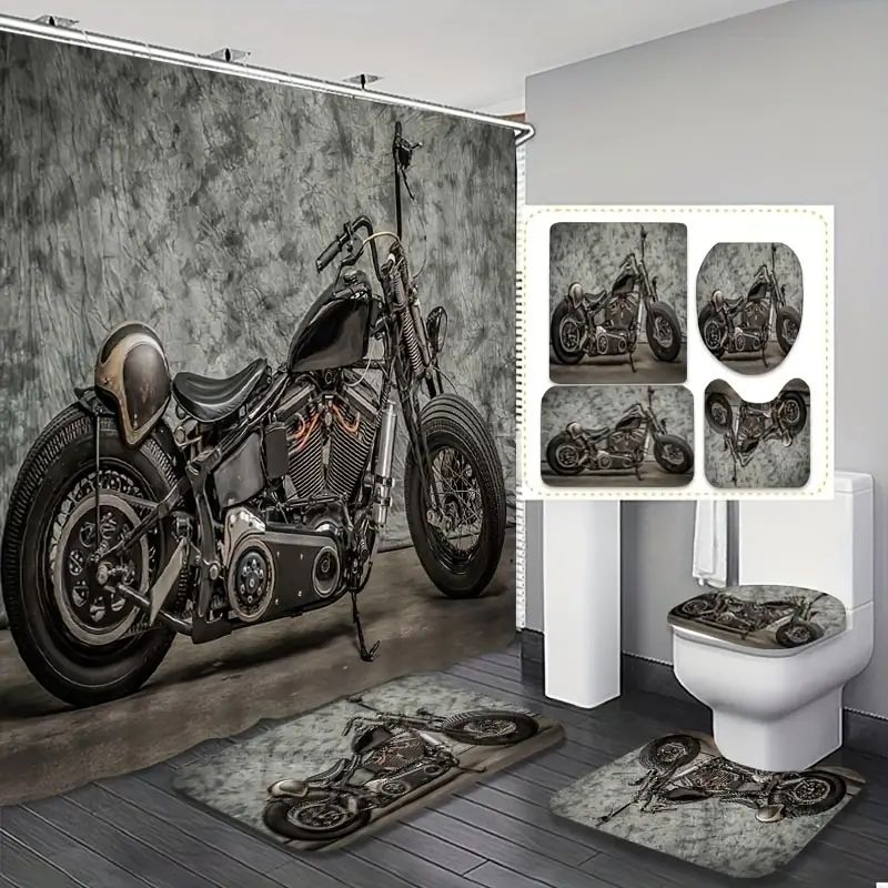 

4pcs Creative Motorcycle Pattern Shower Curtain Set, Bathroom Retro Shower Curtain, Waterproof Shower Curtain, Bathroom Carpet, Toilet U-shaped Mat, Toilet Cover, Bathroom Decoration With 12 Hooks