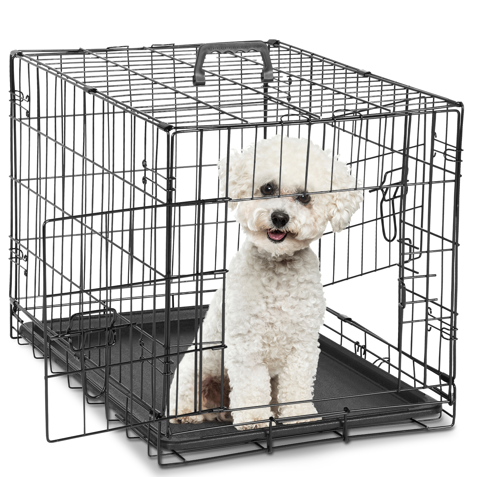 

Sturdy Crate With Divider Panel 24/30/36/42/48 Inch Size, Double Door Folding Metal Wire Dog Cage With Plastic Leak-proof Pan Tray, Pet Kennel For Indoor, Outdoor, Travel