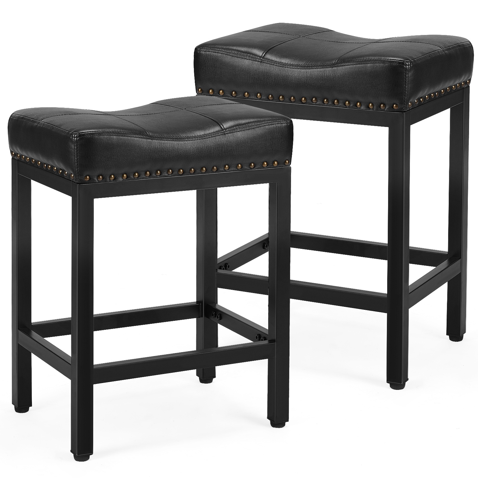 

Edx Set Of 2 Modern Pu Stools, Counter Height 24 Inch Saddle Stools, Barstools With Metal Base And Footrest, Upholstered Bar Chair For Kitchen Island