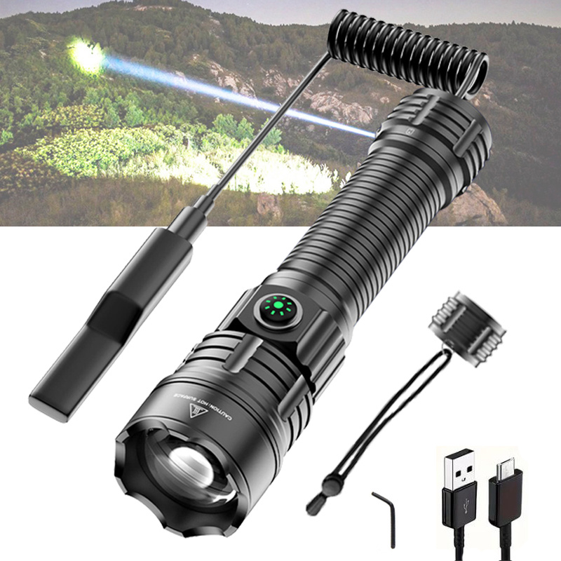 

1pc Tactical Flashlight Torch Type-c Rechargeable 30w Super Bright & Zoomable & 3 Modes, Waterproof Car Emergency Flashlight For Camping Outdoor Hiking Hunting