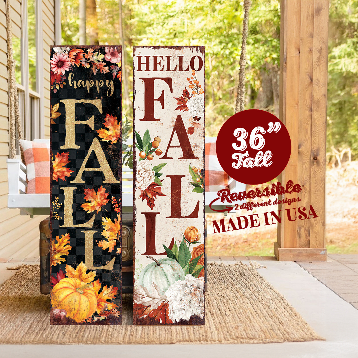 

36in Fall Porch Sign - Vintage Autumn Decoration - Rustic Modern Farmhouse Entryway Porch Decor - Reversible With 2 Different Designs