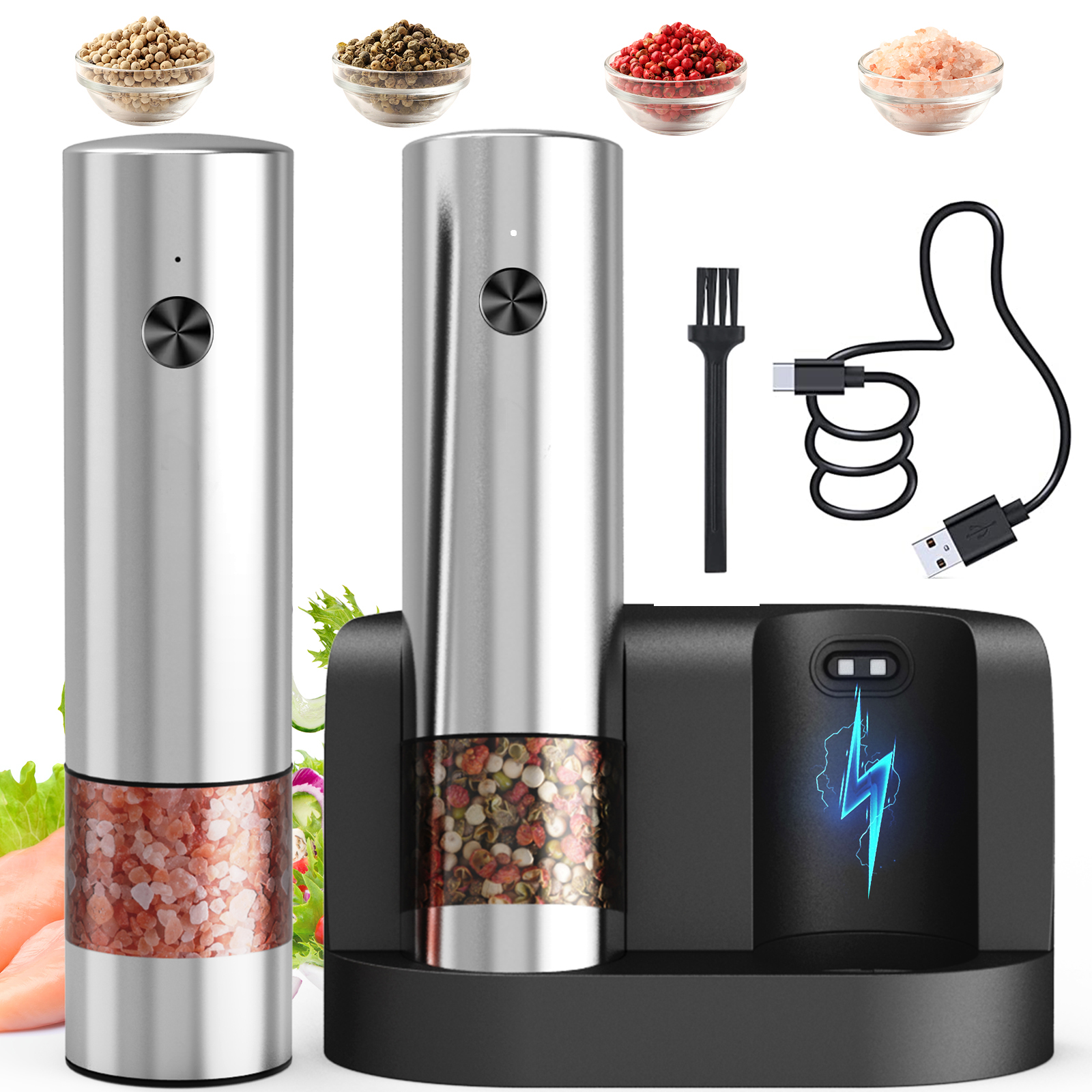 

Electric Salt And Pepper Grinder Set With Charging Base, 500mah Battery Rechargeable, Led Light, 304 Stainless Steel