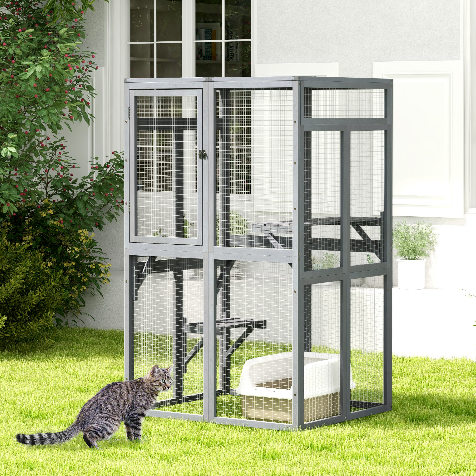 

Outdoor Cat Enclosure Window Access, Wooden Cat House Shelter, Kitty Cage With 3 Platforms For Patio Indoor