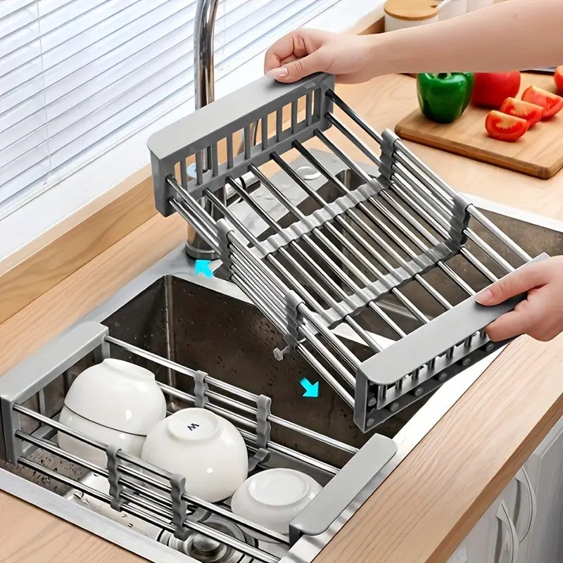 

Adjustable Over-the-sink Dish Drying Rack With Stainless Steel Drain Basket - Portable & Telescopic Space-saving Solution For Fruit Vegetable