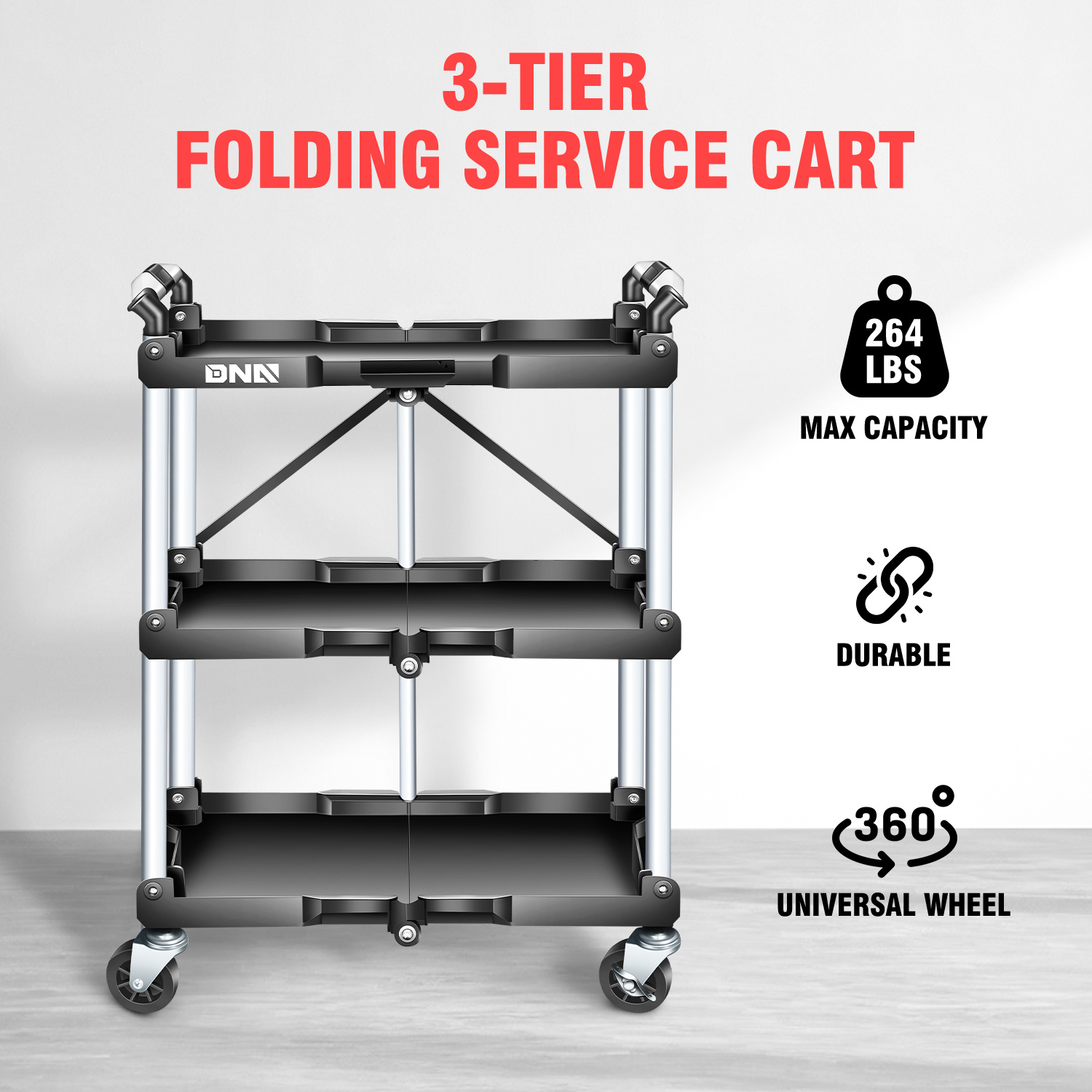 3 tier folding rolling service cart 265lbs capacity collapsible utility cart for warehouse   restaurants   swivel wheels black
