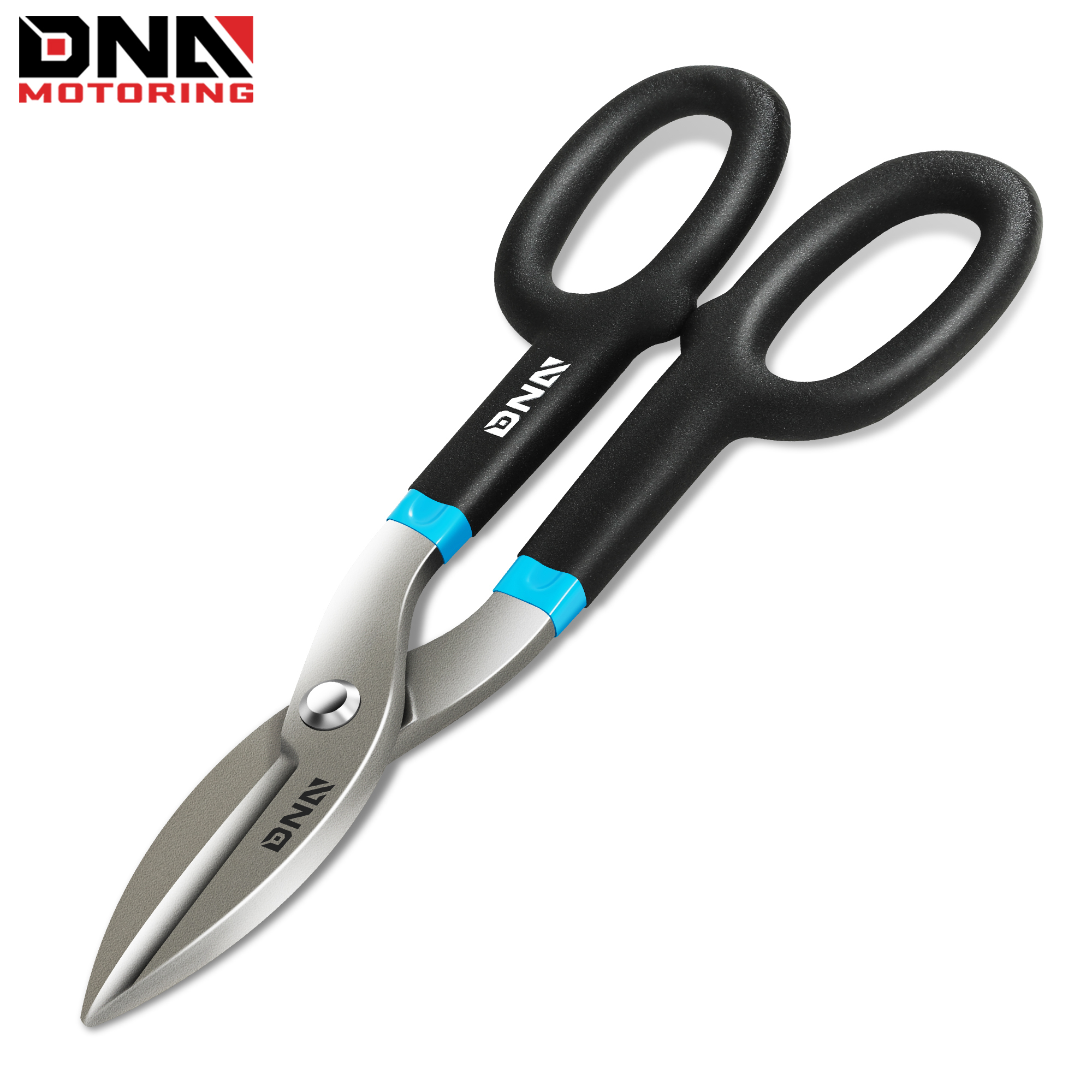 TEMU Straight Cut Tin Shears, Heavy Duty High Carbon Steel With Vinyl-dipped Handles, Black/blue