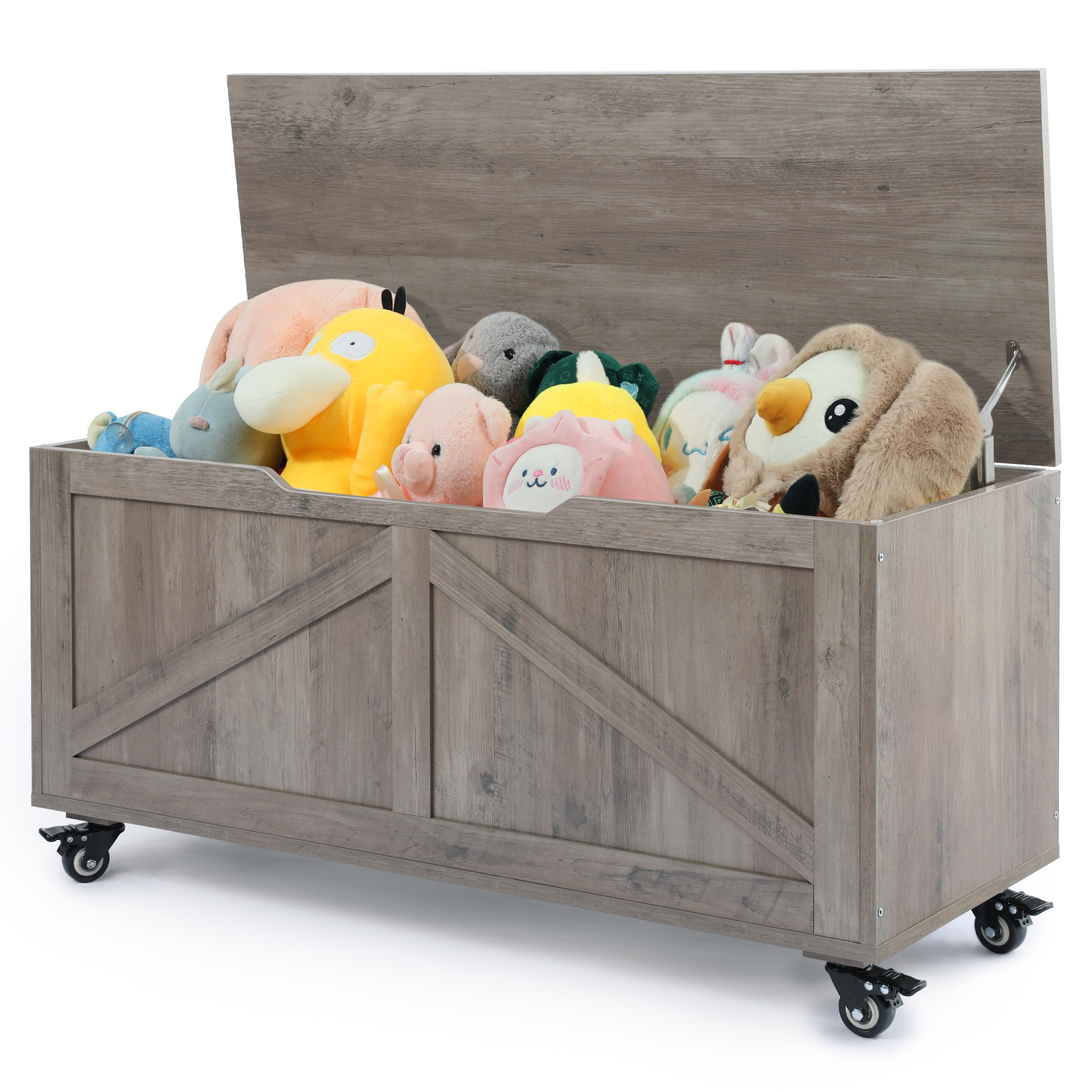 

Retro Storage Bench And Trunks With Wheels, Toy Storage Box With Safety Hinge, Wooden Flip-top Blanket Organizer With Seating