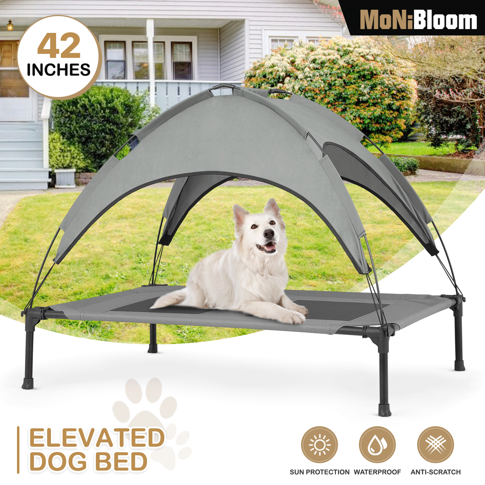 

Elevated Dog Bed With Removable Canopy, 2-in-1 Indoor/outdoor Oxford Dog Cot With Canopy Shade For Dog And Cat, Cooling Dog Bed With Tent For Camping Or Beach, 42 Inch Length For Medium Dogs