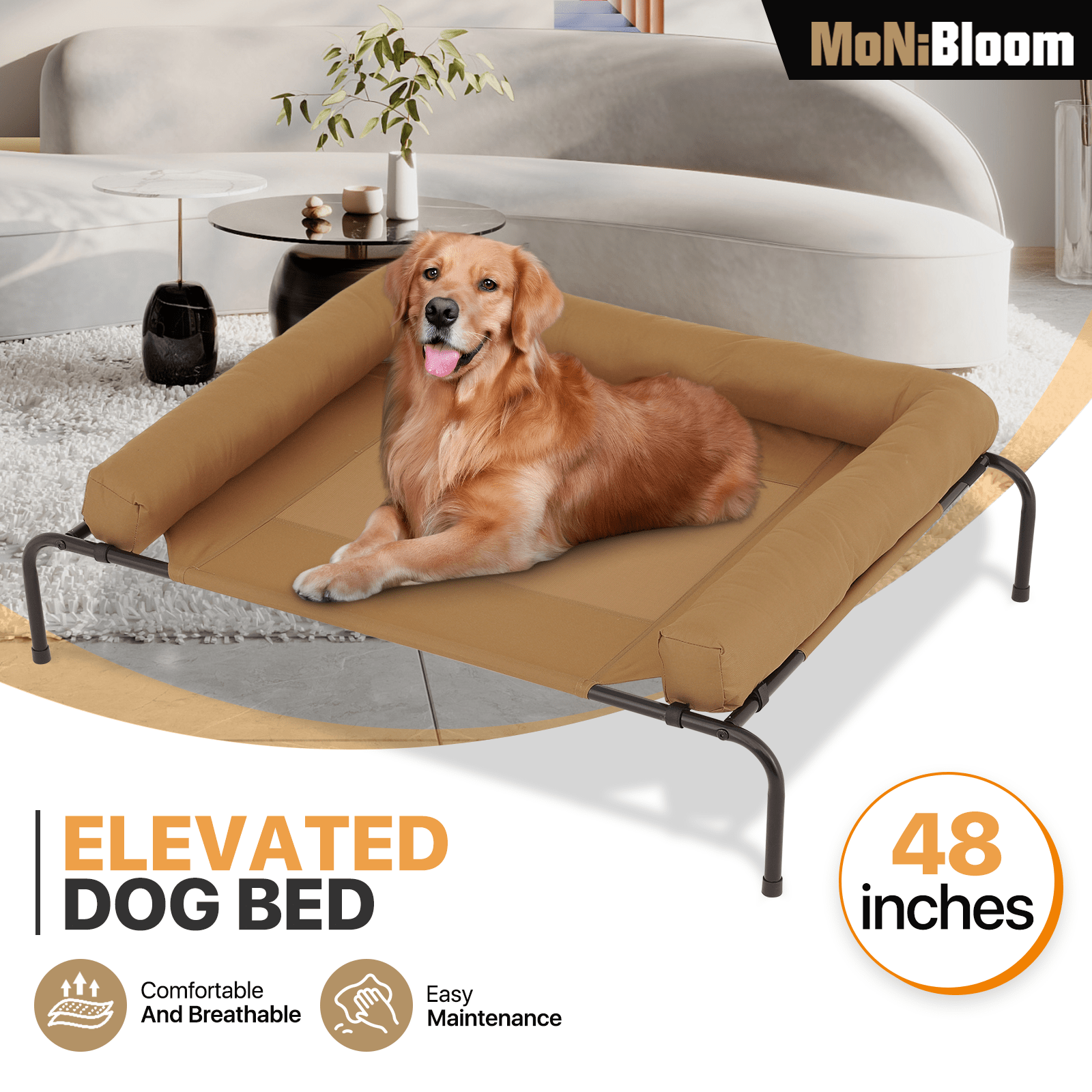 

Elevated Dog Bed With Removable Bolster, 2-in-1 Indoor/outdoor Dog Cot With Stable Anti-slip Feet & Breathable Mesh, 48 Inch Length For Large Dogs