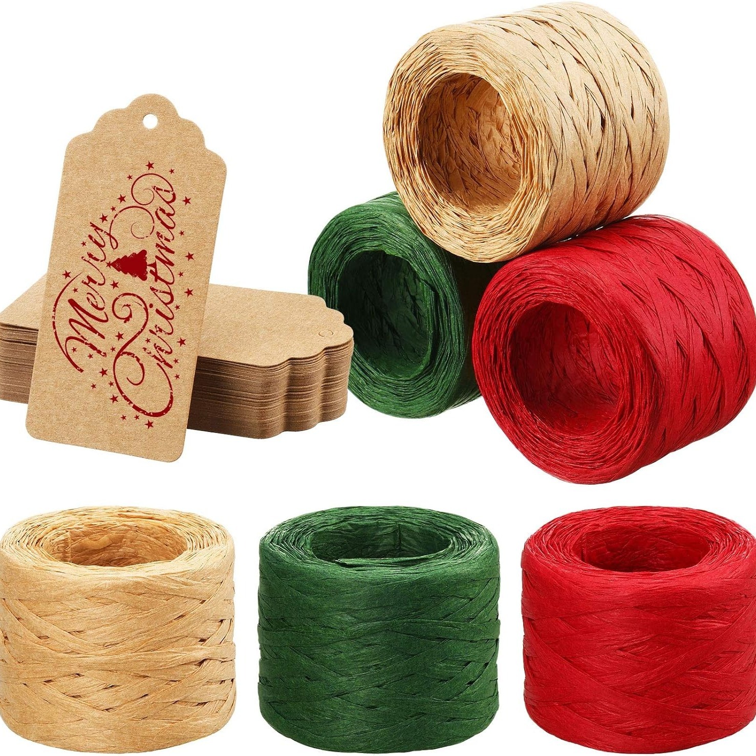 

3 Rolls 492 Feet Raffia Paper Ribbon Raffia Twine Packing Paper Twine With 50 Pieces Kraft Paper Tags For Halloween Christmas Craft Diy Wrapping