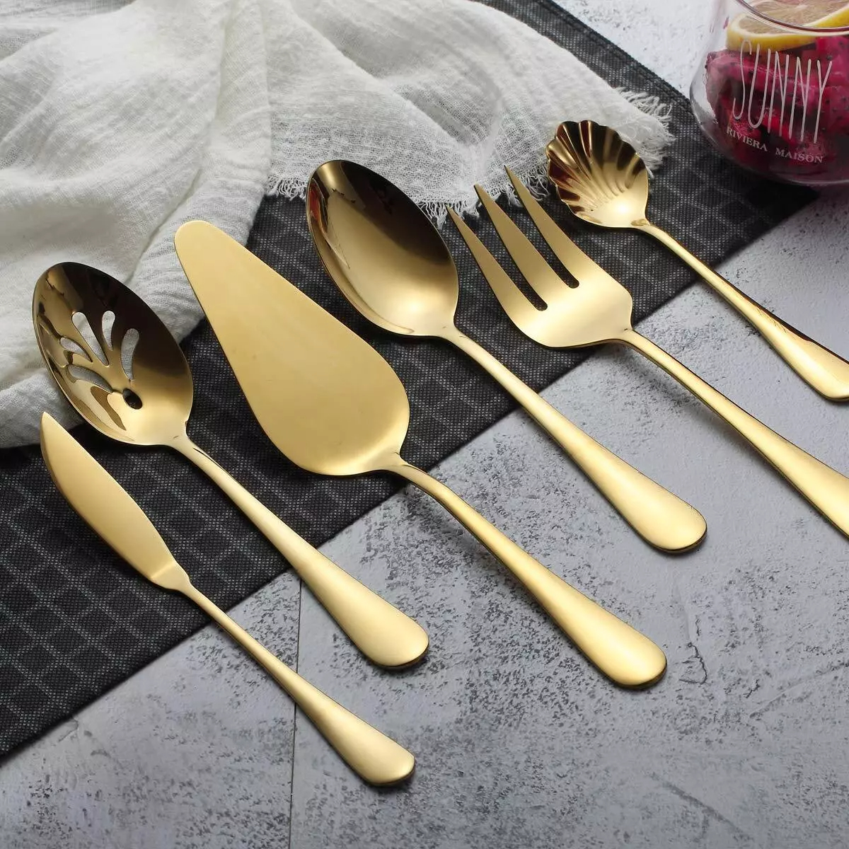 TEMU 6 Pieces Stainless Steel Titanium Plated Flatware Serving Set,spoon Fork Knife