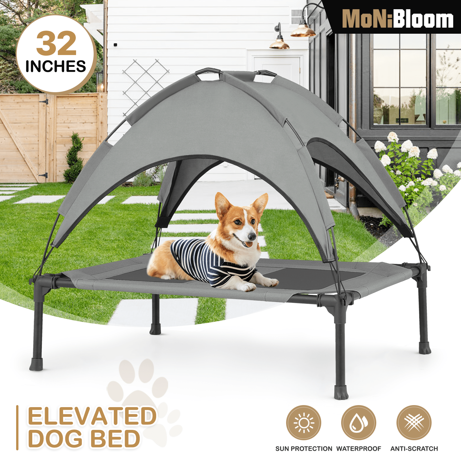 

Elevated Dog Bed With Removable Canopy, 2-in-1 Indoor/outdoor Oxford Dog Cot With Canopy Shade For Dog And Cat, Cooling Dog Bed With Tent For Camping Or Beach, 32 Inch Length For Small Dogs