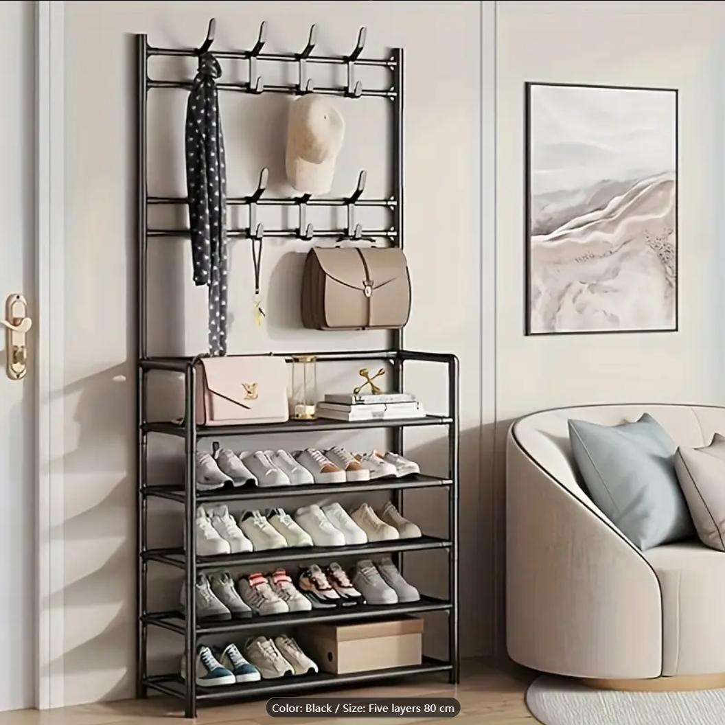 

5 Tier Shoe Rack 31.5in Coat Rack Shoe Shelf Storage Organizer With Hooks For Entryway Bedroom Closet, Black And White
