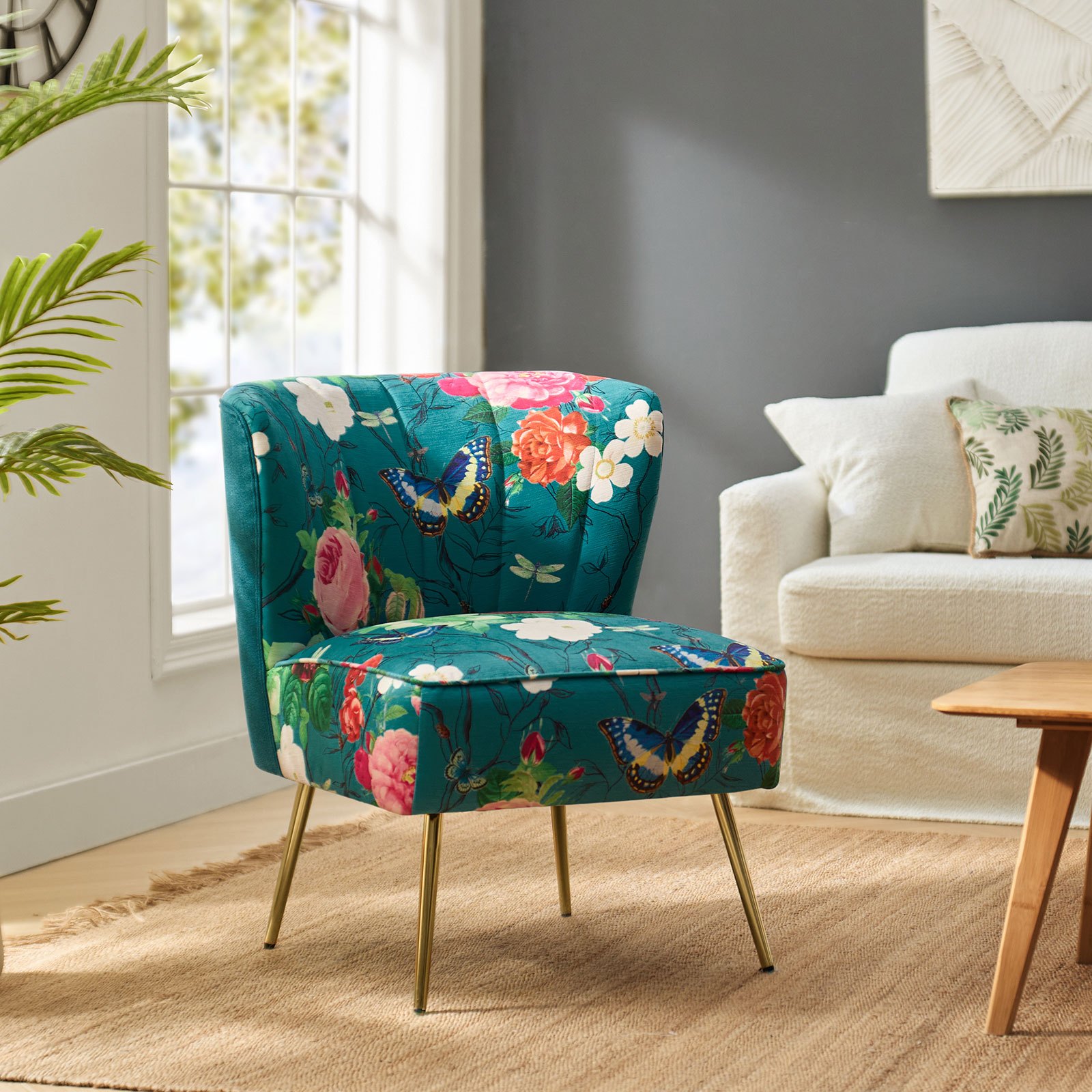 

Accent Chair With Golden Metal Legs, Comfy Tufted Wingback Living Room Chair Floral Fabric Small Armless Side Chair, Slipper Chair For Bedroom, Reading Room