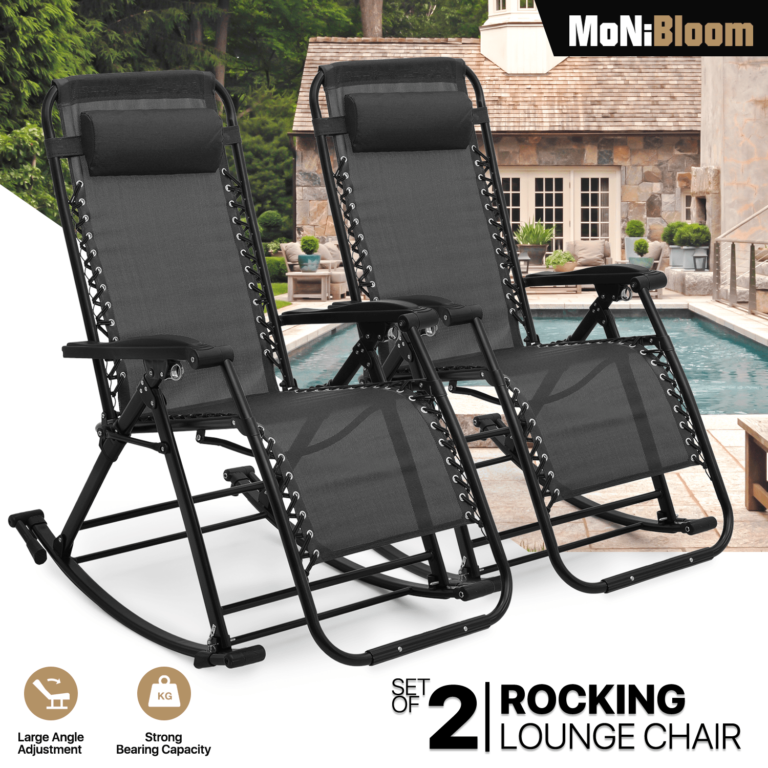 

Rocking Lounger Outdoor Chair Set Of 2, Portable High Back Compact Foldable Reclining 0 Gravity Lounge Patio Rocking Chair With Adjustable Armrest And Footrest For Beach Yard Pool Outdoor