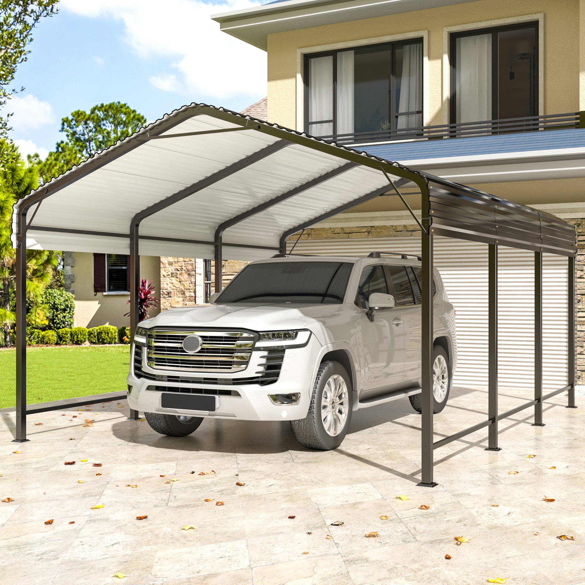 

Carport 12x20 Ft Metal Carport With Enhanced Base Outdoor Heavy Duty Garage Galvanized Car Shelter For Pickup, Boat, Car And Tractors