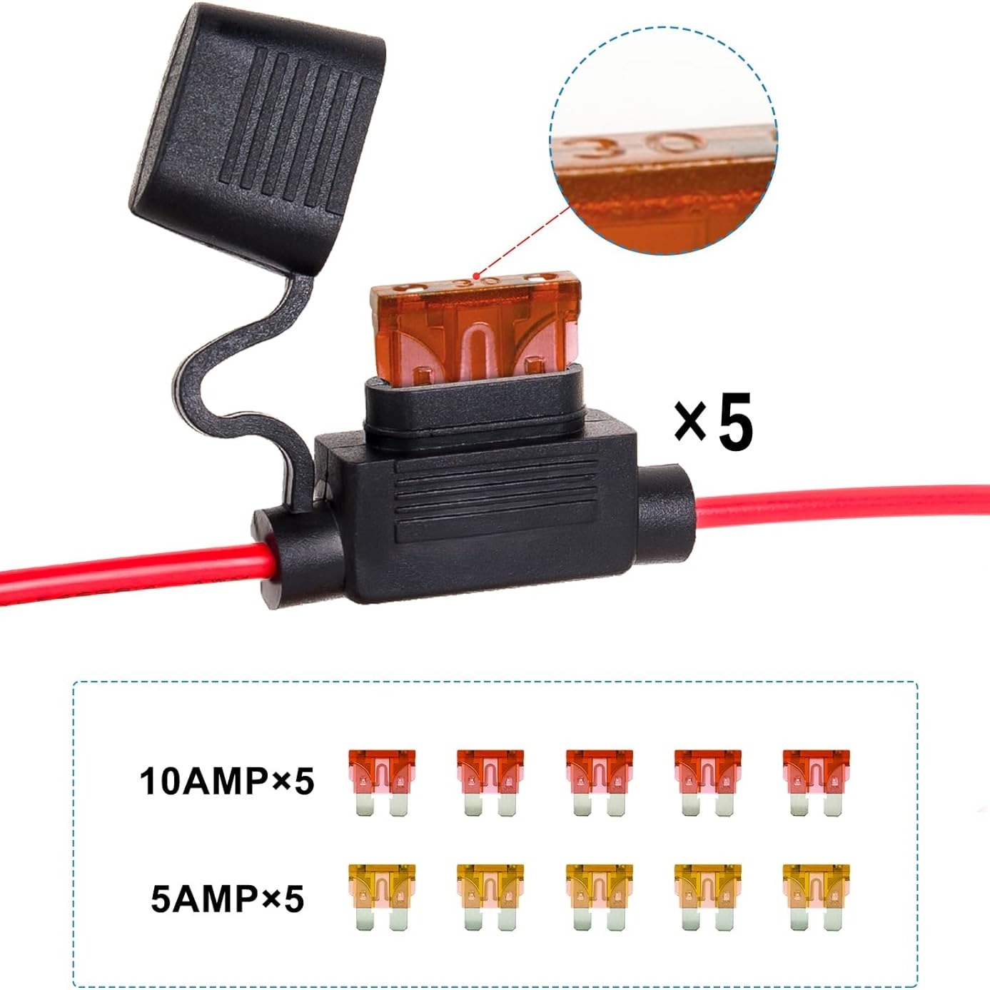 

5 Pack Inline Fuse Holders 12v, 18 Gauge Awg, With 10 Pcs5a 10a Atc/ato Blade Fuses, Fuses For Standard Automobiles, Ships, Etc.