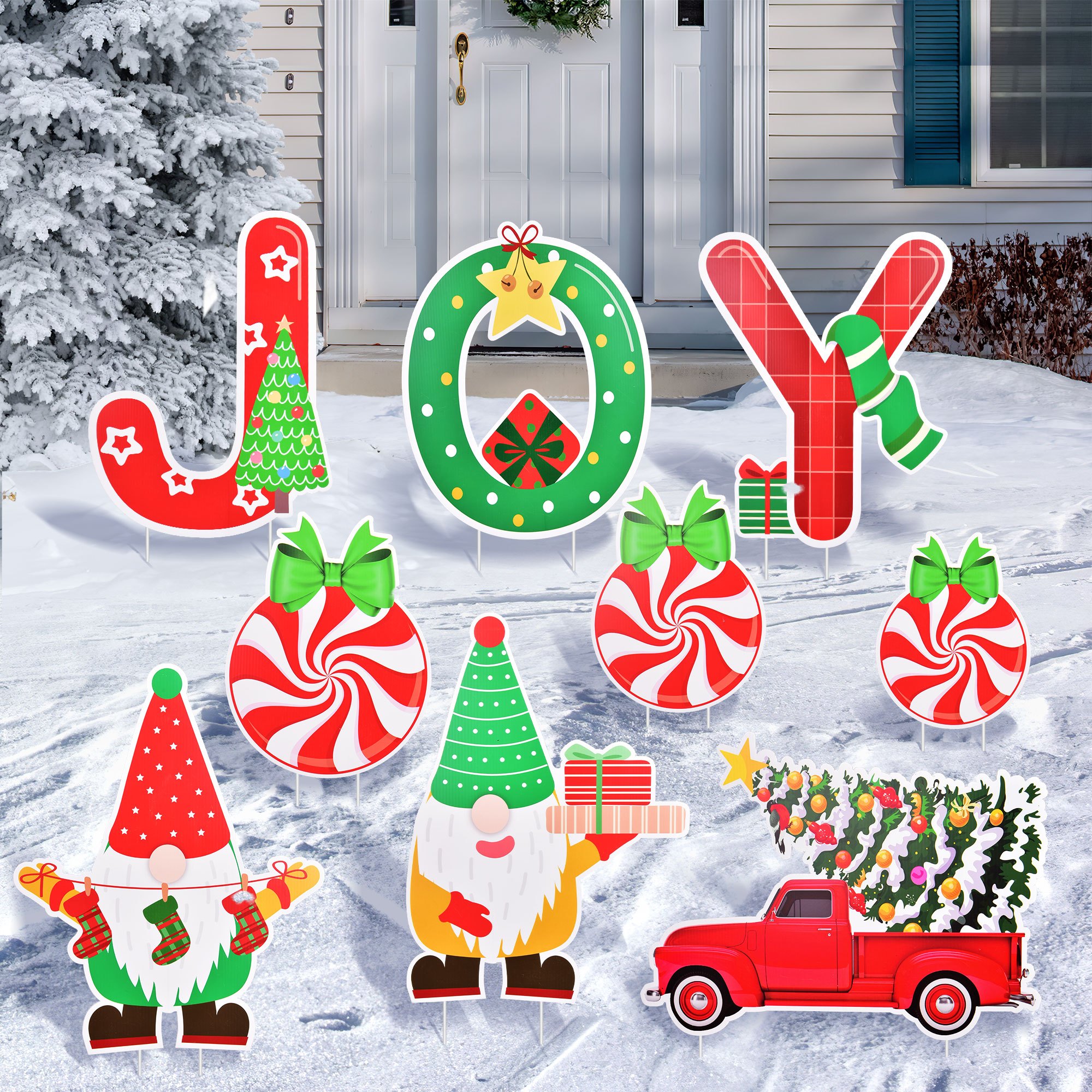 

Outdoor Christmas Decorations, 9 Pcs Large Joy Yard Xmas Lawn Decorations Signs With Stakes, Gnome, Candy, Red Truck Car, Holiday Outdoor Sign Winter Decorations For Lawn Patio Garden