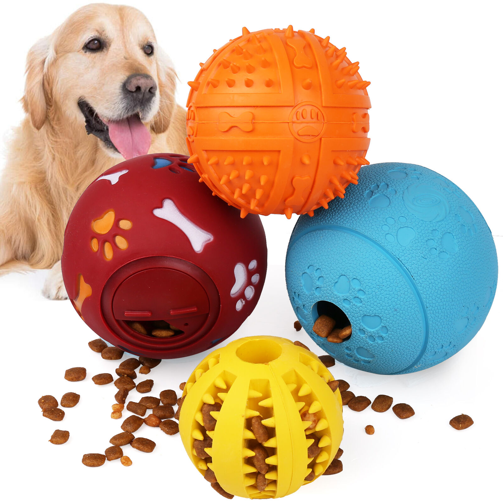 

4pcs Dog Treat Ball, Interactive Food Dispenser Puppy Puzzle Toys, Natural Rubber, For Tooth Cleaning, Iq Training, Chewing, Playing Toy