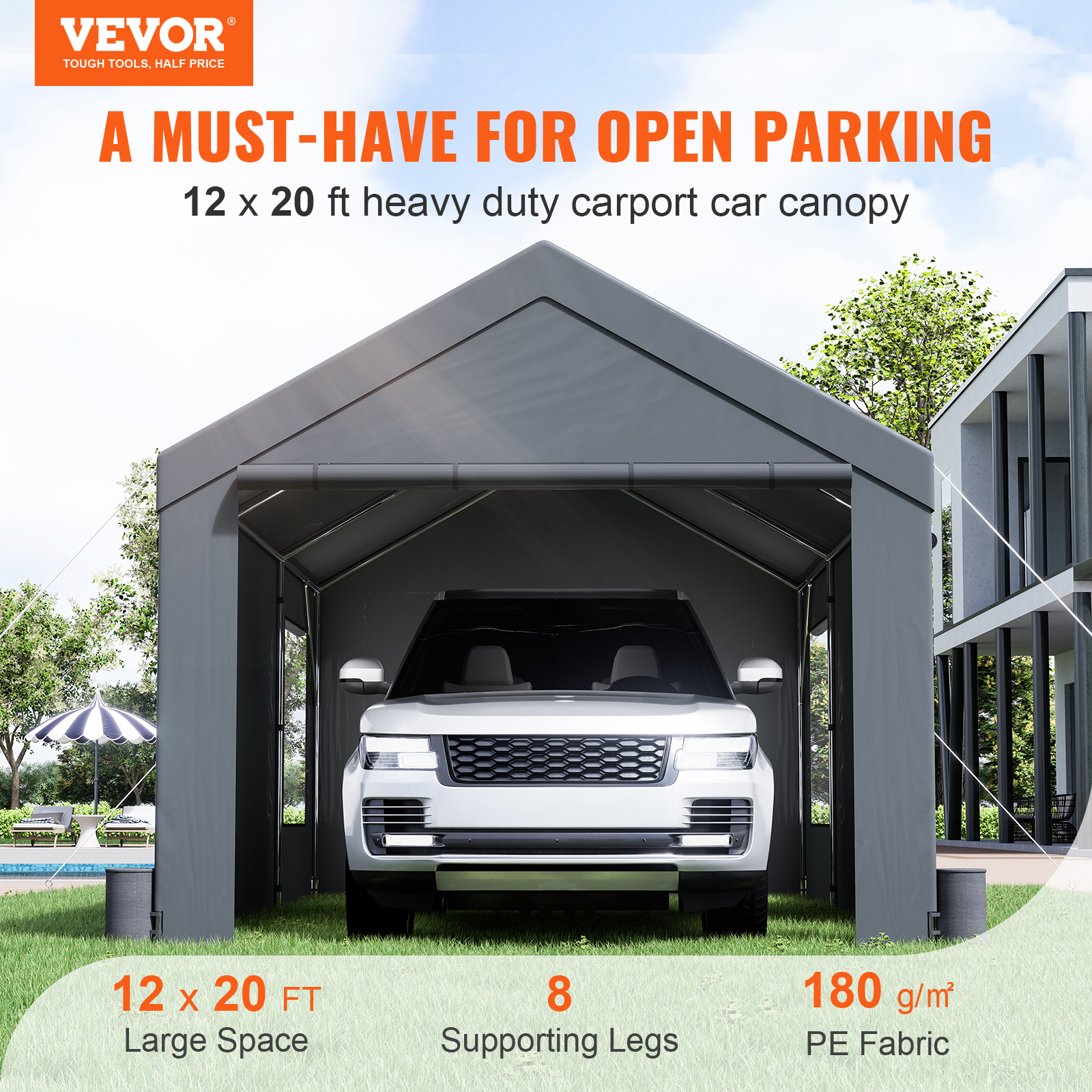 

Carport, Extra Large 12 X 20 Ft Heavy Duty Car Canopy With Roll-up Ventilated Windows, Portable Garage With Removable Sidewalls, Waterproof Uv Resistant All-season Tarp For Suv, Truck, Boat