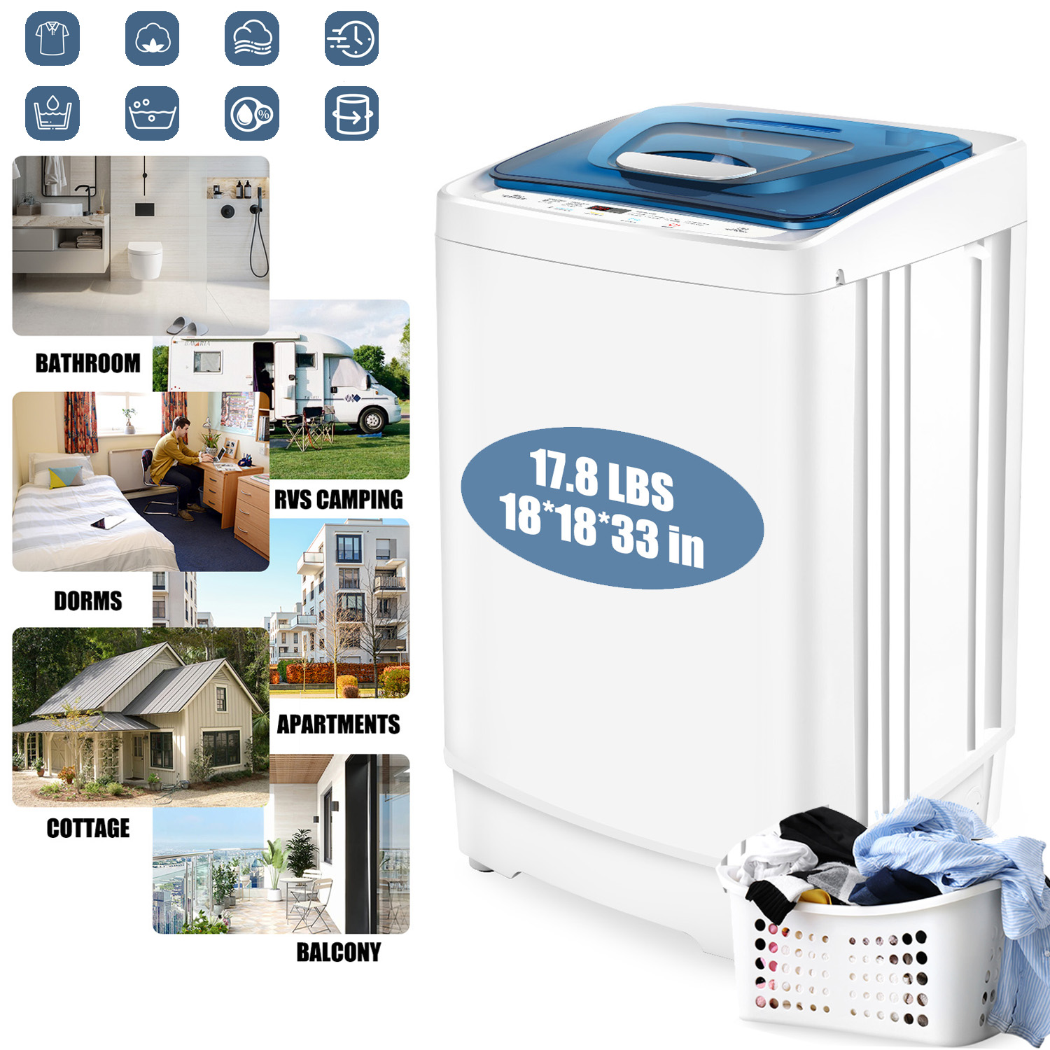 

17.8lbs Portable Washer, 8 Wash Programs Temperature Laundry Washing Machine, 2.3 Cu.ft Washer Machine With Wash & Dehydration, Laundry Appliances For Home, Apartment, Dorms, Rv, Ship Cabins, Offices