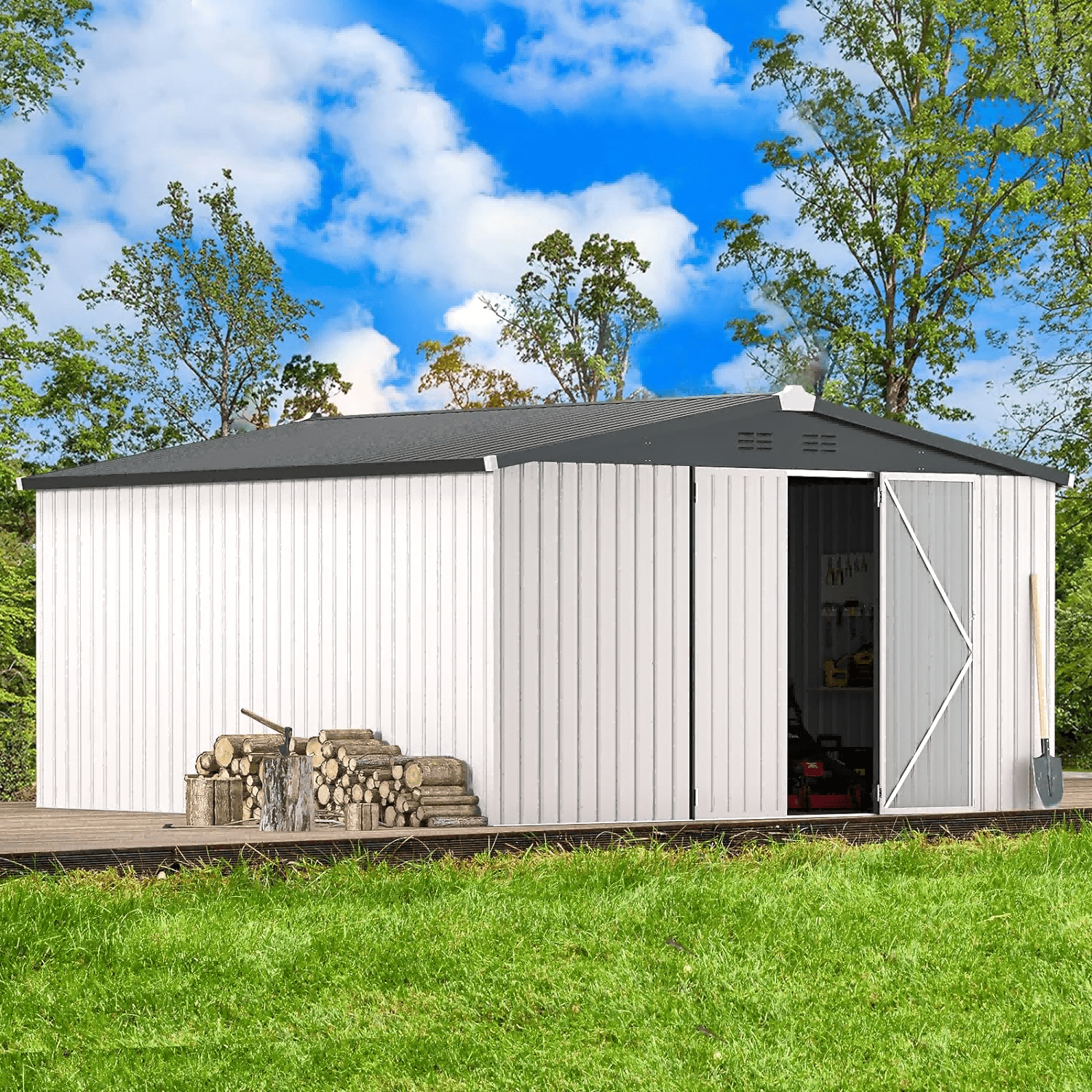 

12' X 12' Shed Metal, & Outdoor Storage 12' X 12' With Lockable Doors, Large Steel Yard Shed, Utility And Tool Storage For Garden, Backyard, Patio, Outside Use In White