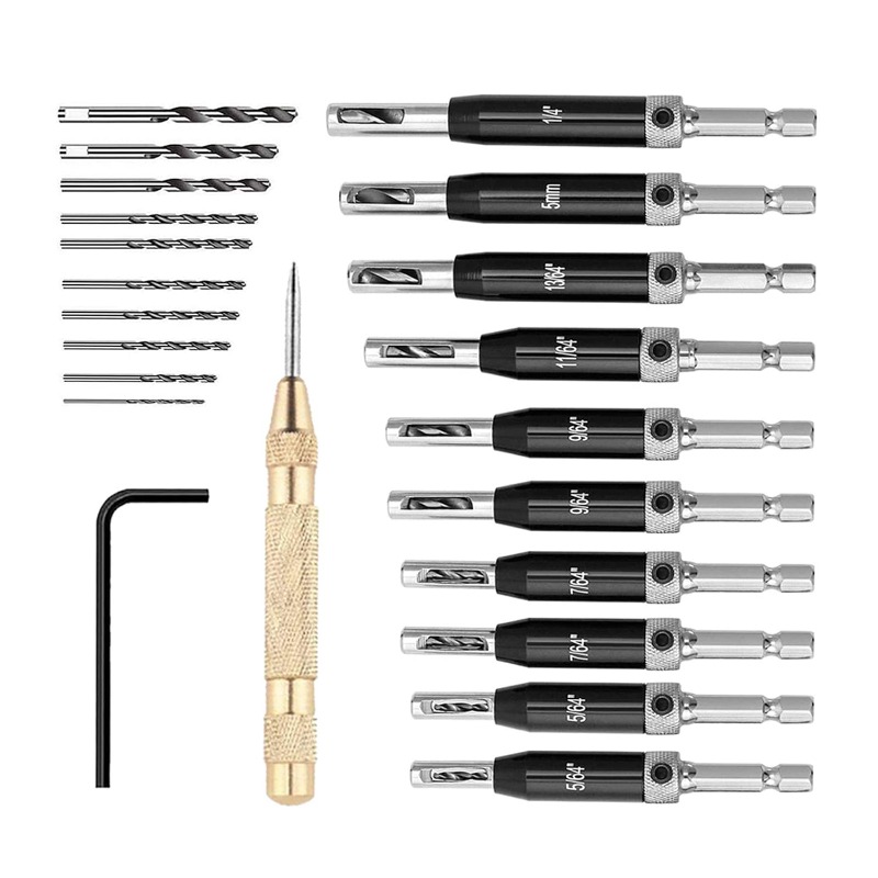 

22pcs Self Centering Hinge Drill Bit Setself Centering Hinge Tapper Core Hole Puncher 564'' 764'' 964'' 1164'' 1364'' 5mm 14'' 1 Pcs Hex Key & 10 Pcs Replacement Drill Bits 1 Center Punch