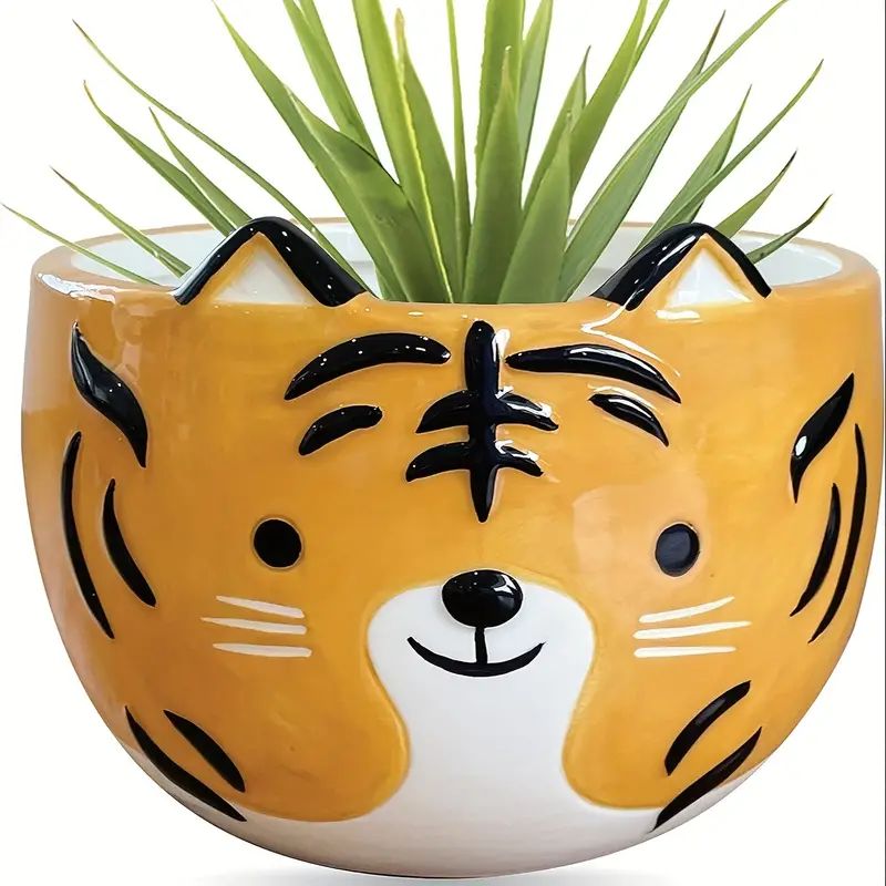 

Tiger Shaped 5.9 X 5.9 X 5 Inch Indoor Plant Flowerpot, Cute Flowerpot, Unique Design, Drain Hole With Stopper