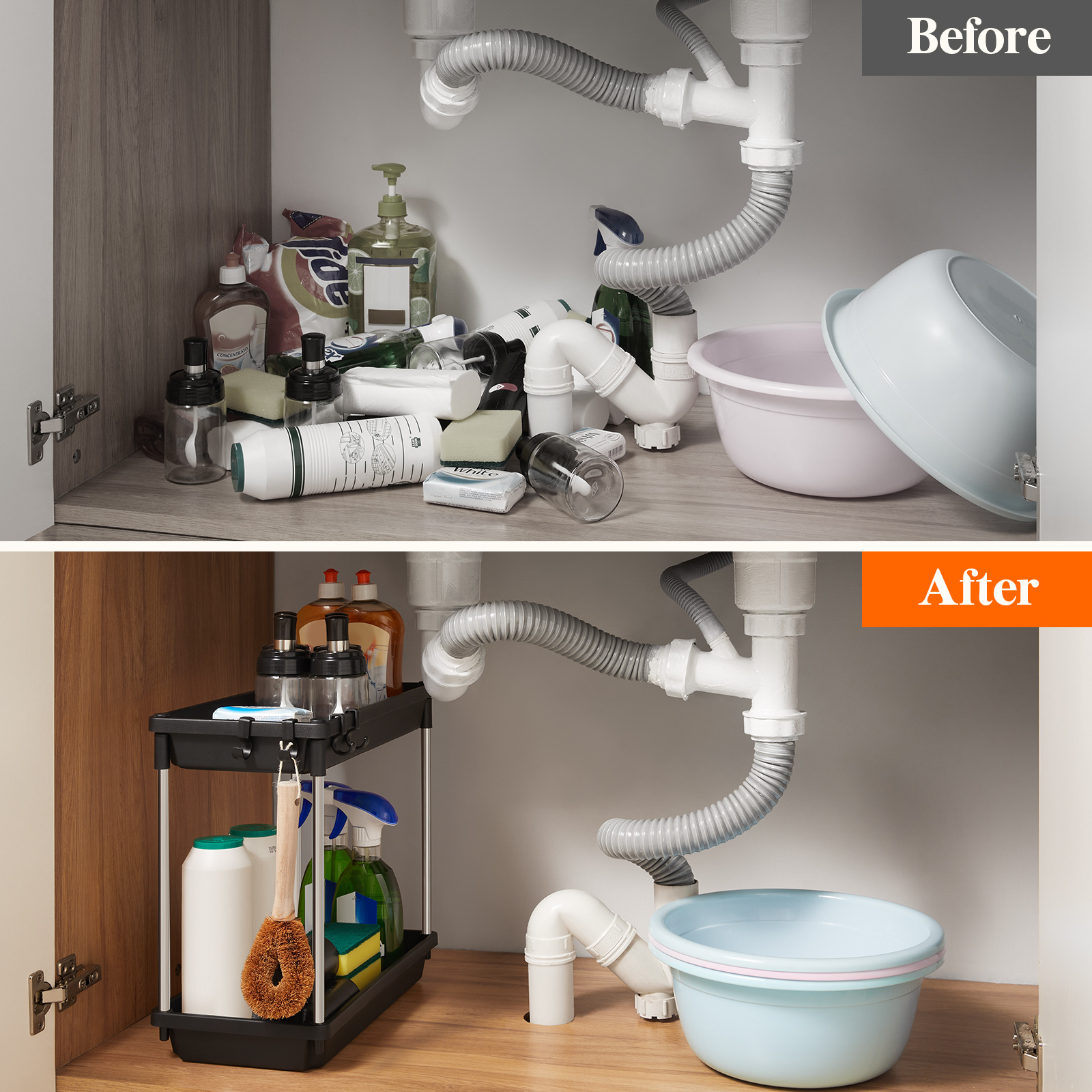 Sink Organizer 2 Tier Shelf Rack 4 Hooks Bathroom Cabinet - Temu